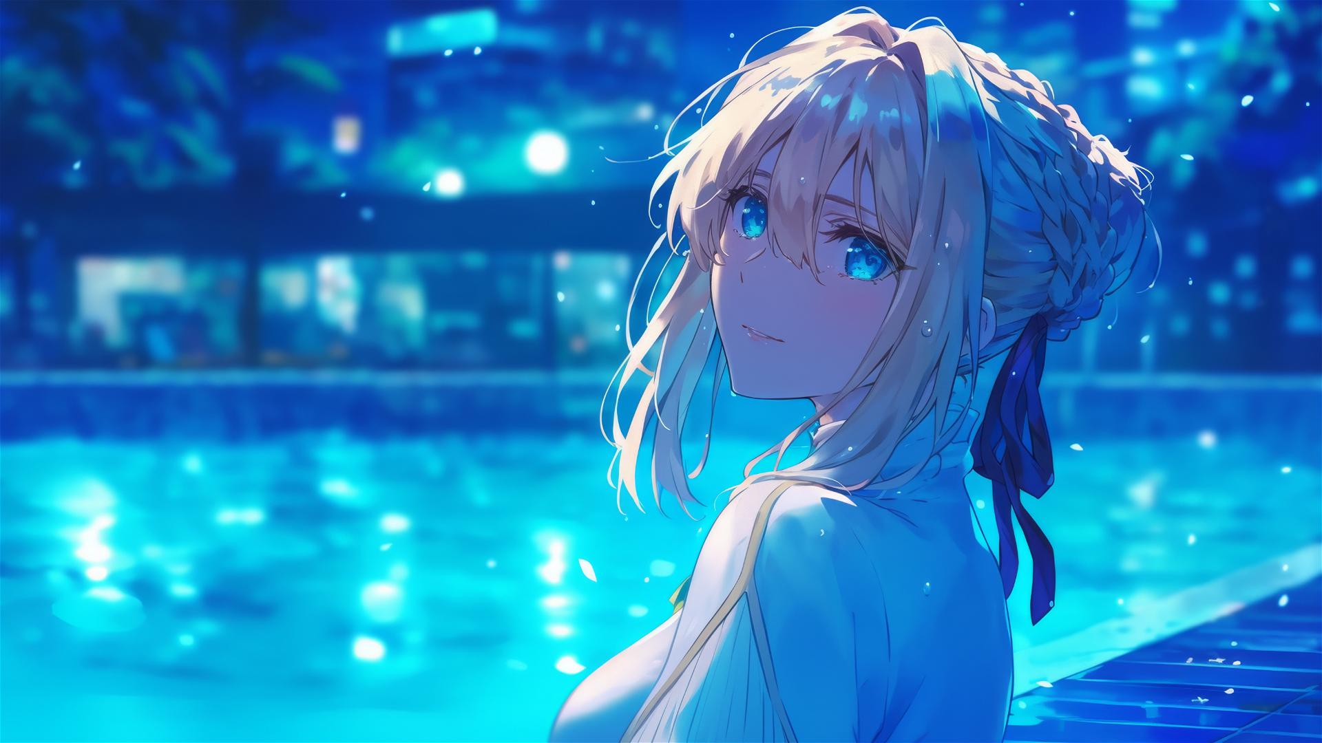 Violet Evergarden resting by pool under moonlight