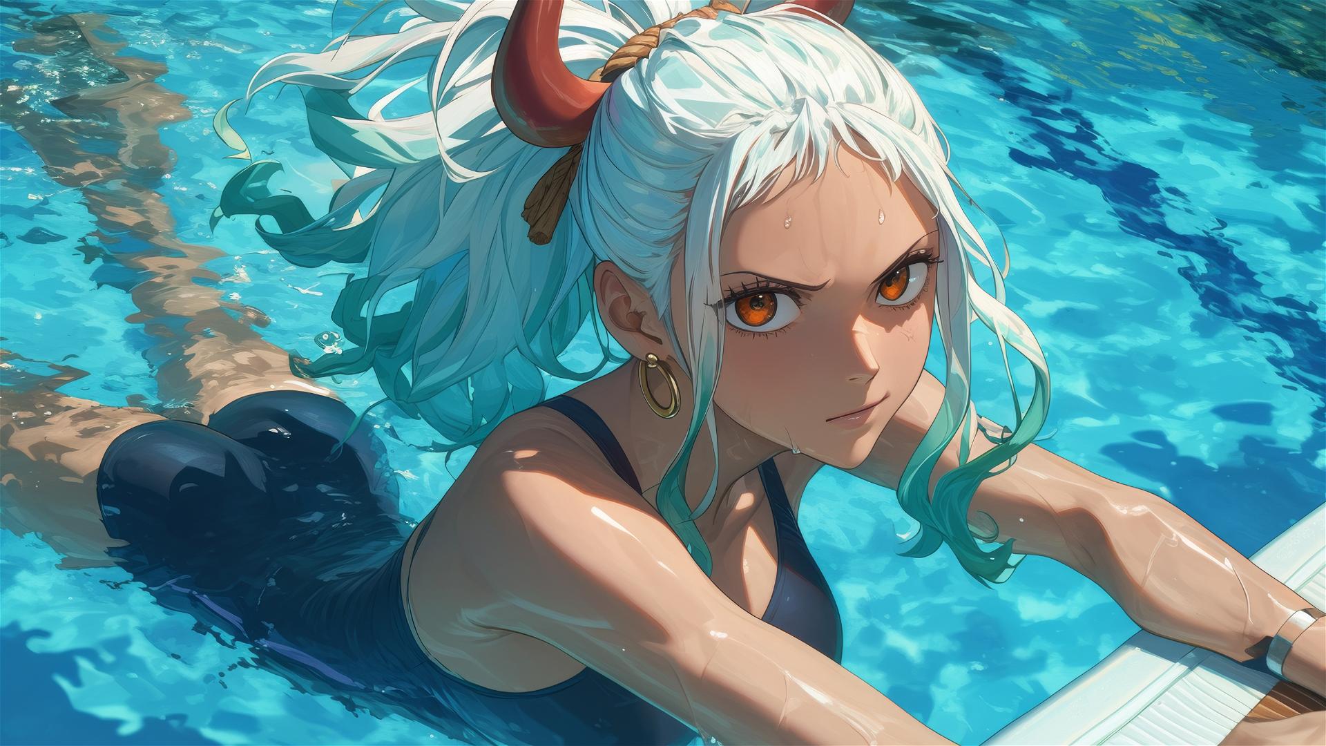 Yamato from One Piece swimming in a pool under moonlight with orange eyes