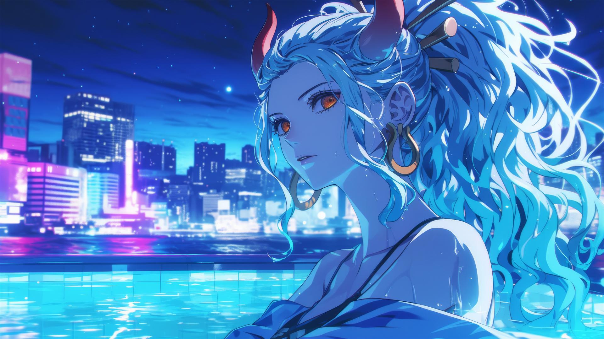 Yamato from One Piece swimming in a pool under moonlight with soft glow on her figure and orange eyes.