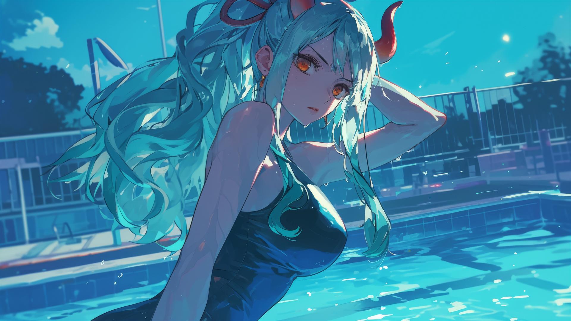 Yamato One Piece character standing in pool under moonlight with orange eyes