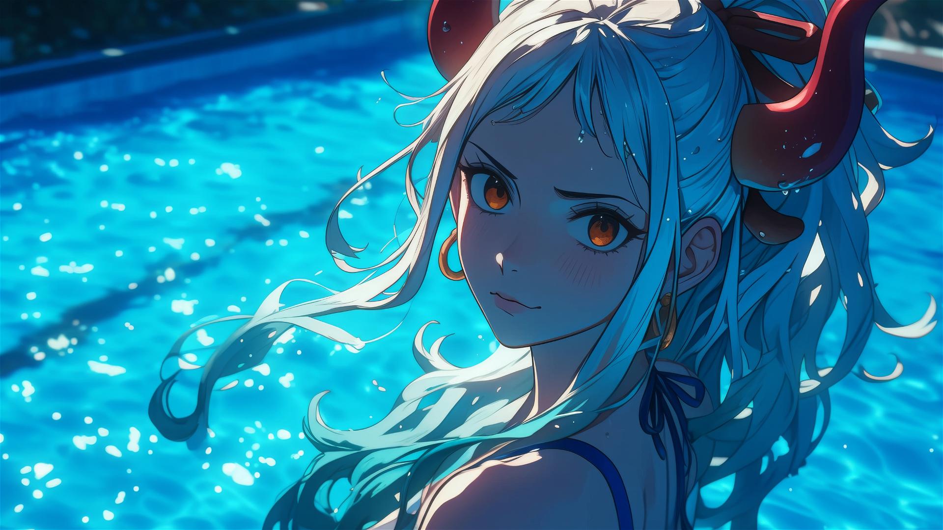 Yamato from One Piece standing in a pool under moonlight with orange eyes.