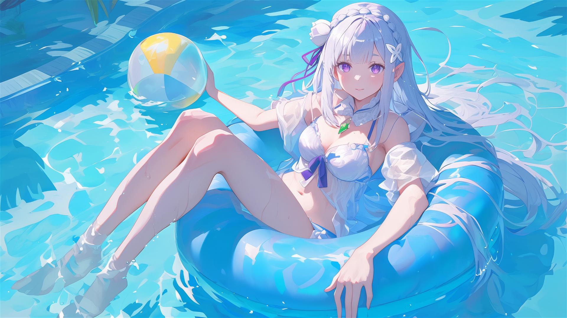 Emilia from Re:Zero relaxing in a pool under moonlight