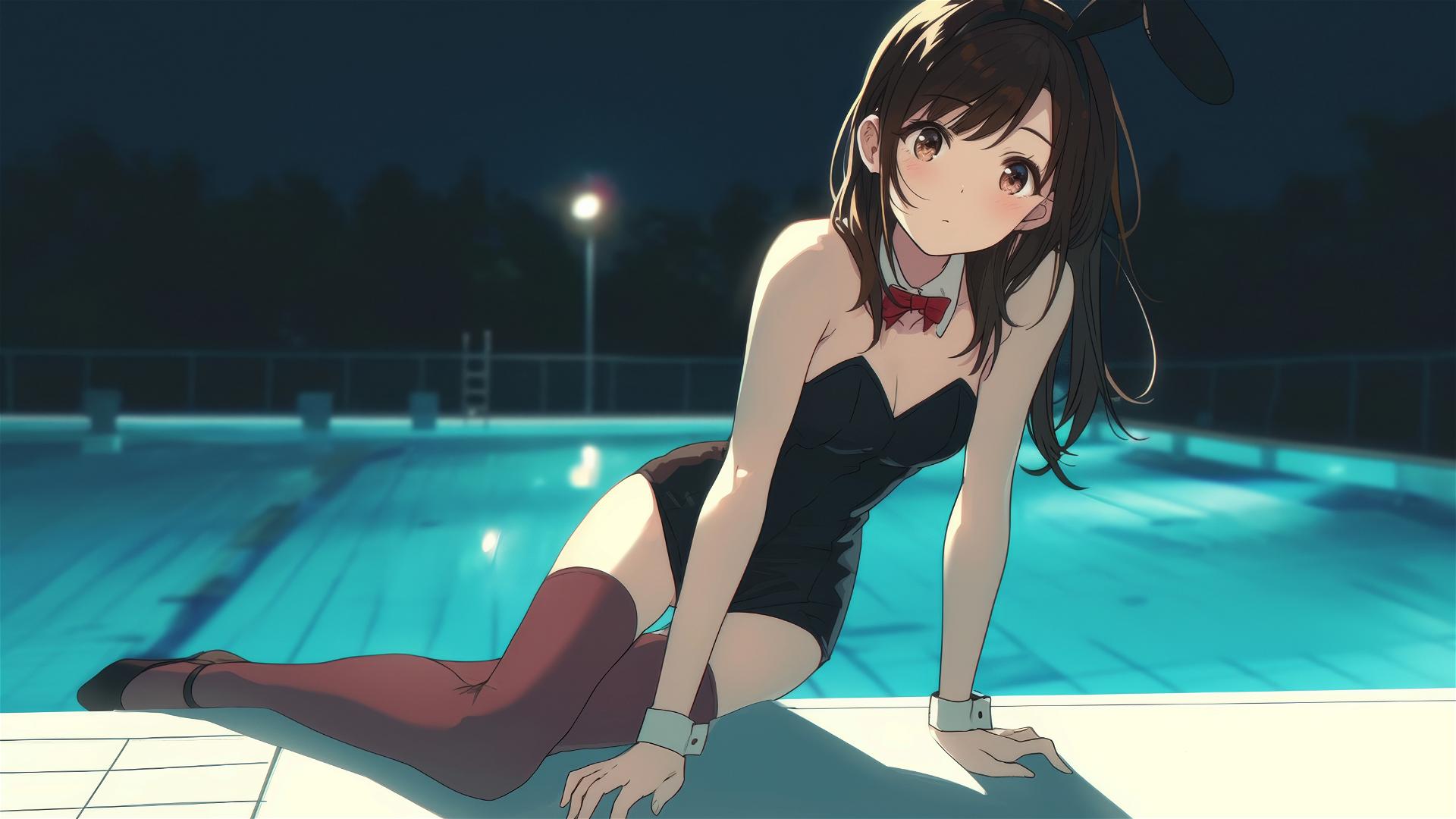 Mizuhara Chizuru of To Rent A Girlfriend by poolside in moonlight, brown hair, light brown eyes.