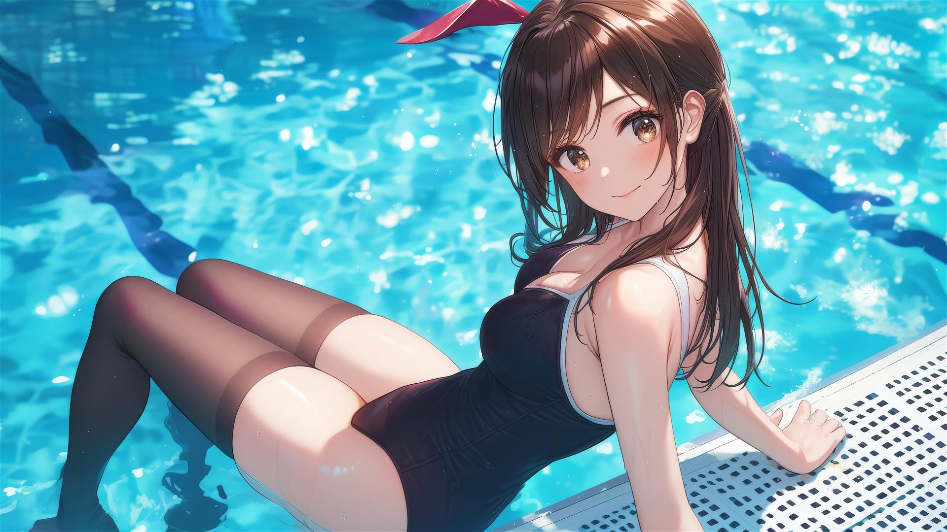 Mizuhara Chizuru by pool under moonlight with brown hair, light brown eyes