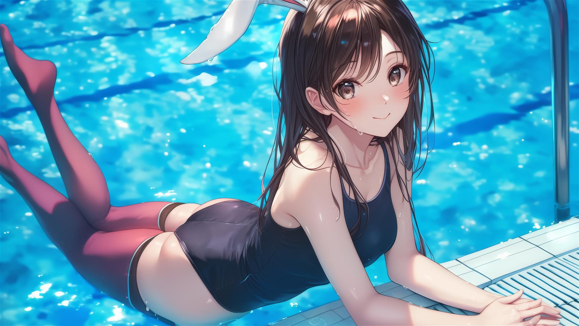 Mizuhara Chizuru by pool under moonlight