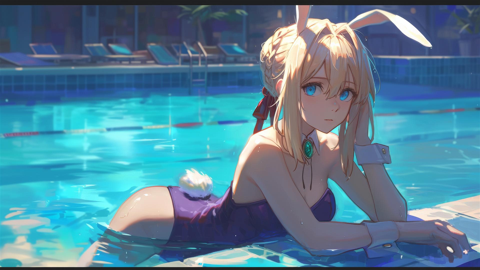 Violet Evergarden as a bunny girl resting by the pool under moonlight