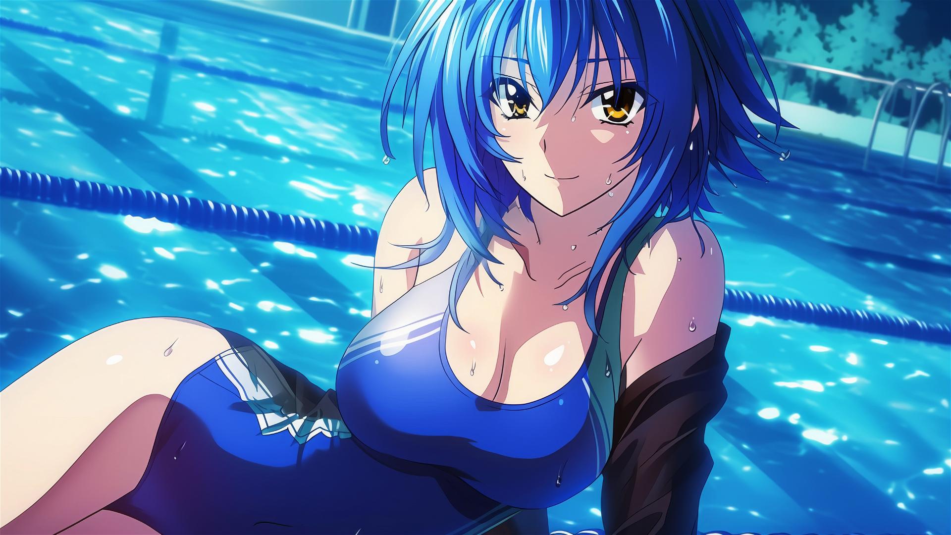 Xenovia from High School DxD swimming in a moonlit pool