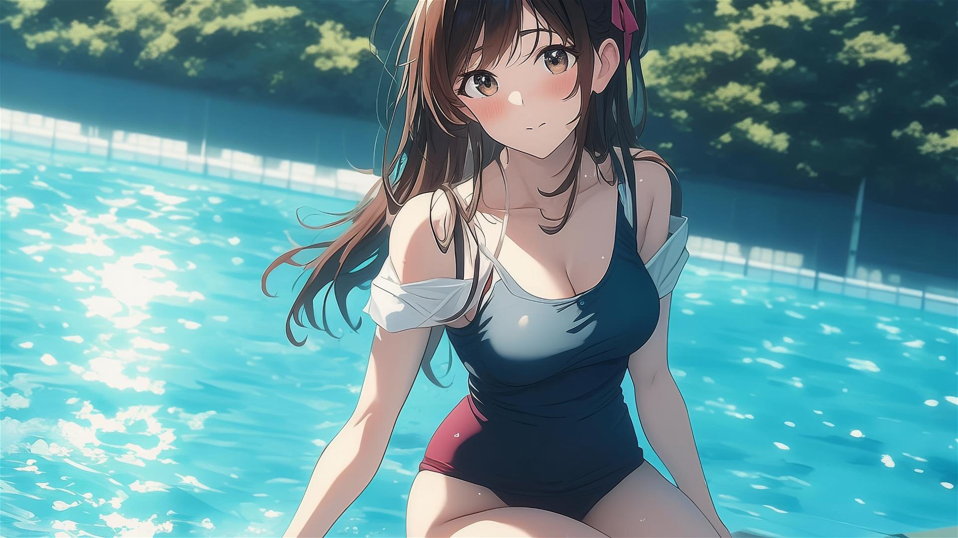 Mizuhara Chizuru swimming in moonlit pool, soft glow on her brown-haired figure.