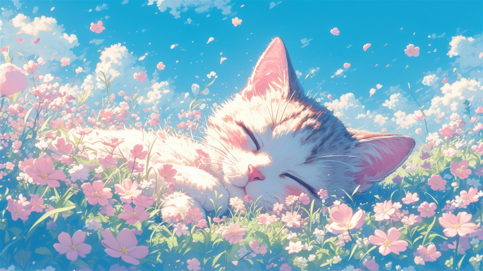 Sleeping British Shorthair in a colorful floral anime panorama