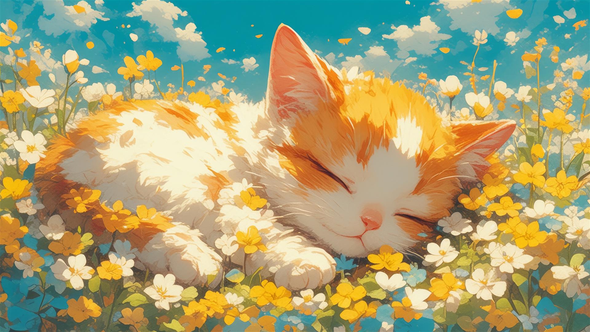 British Shorthair sleeping in a colorful panoramic Japanese animation-style flower scene.