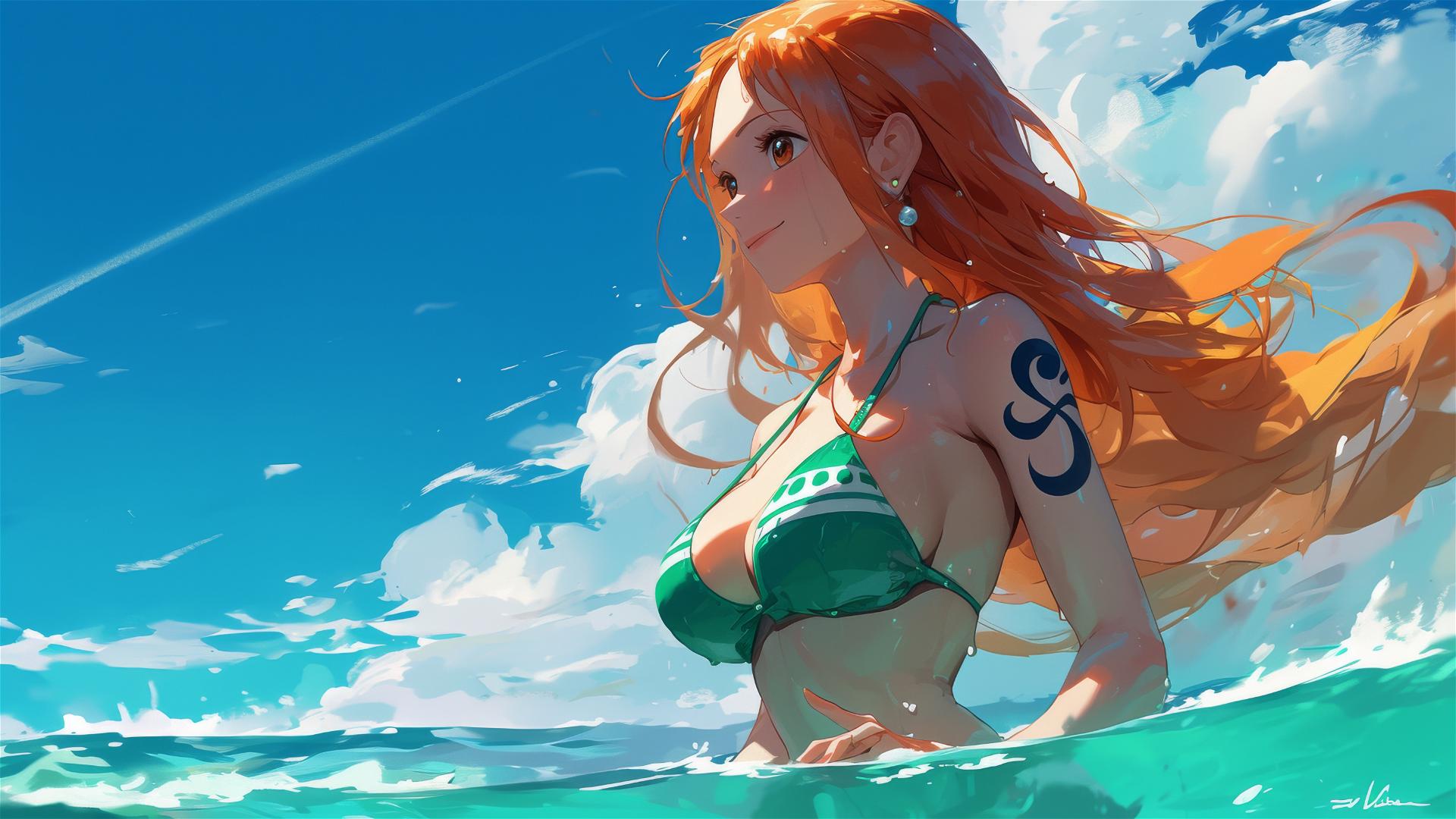 Nami from One Piece in bunny girl style by the pool under moonlight