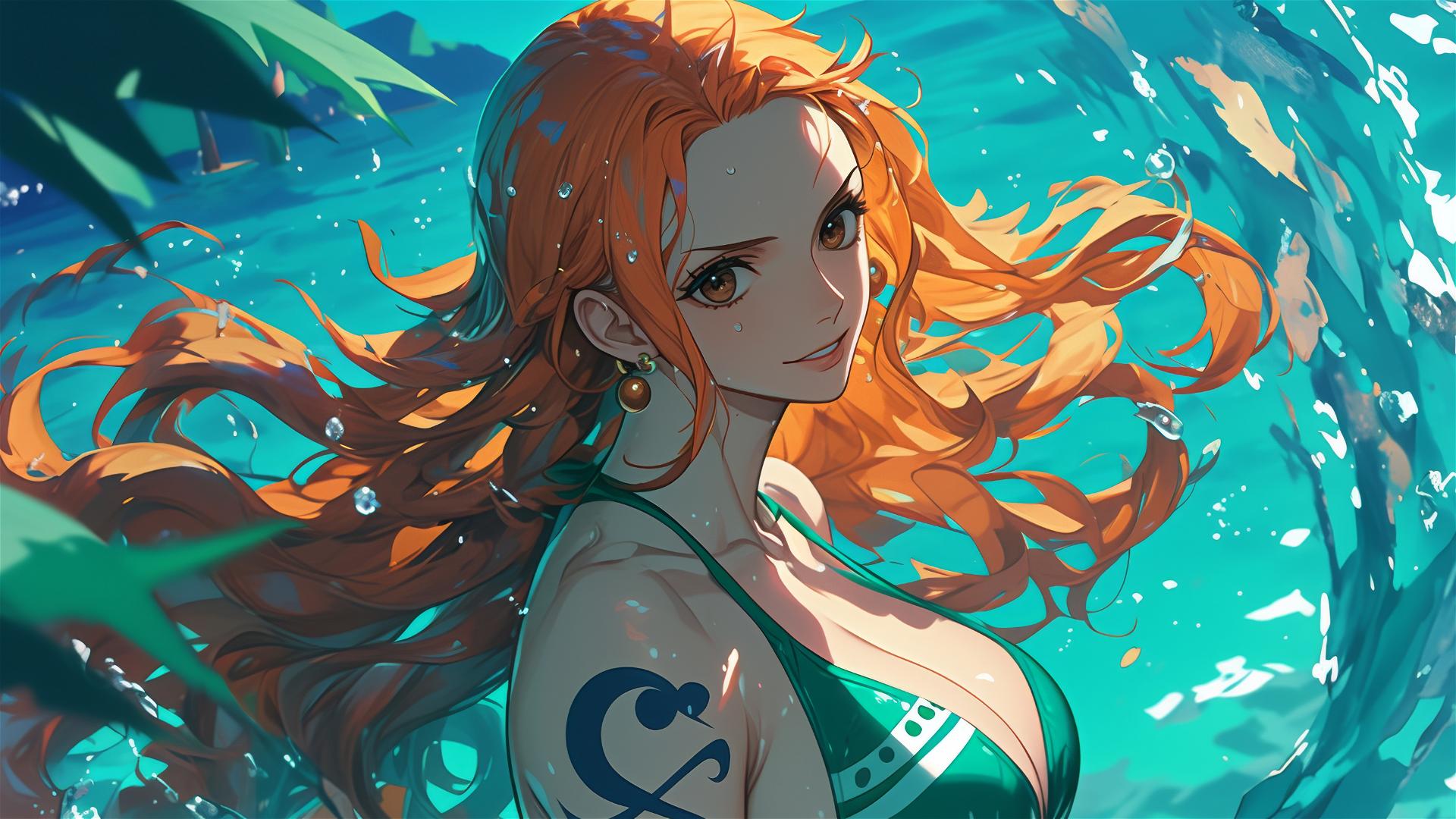 Nami from One Piece in bunny outfit by a moonlit pool