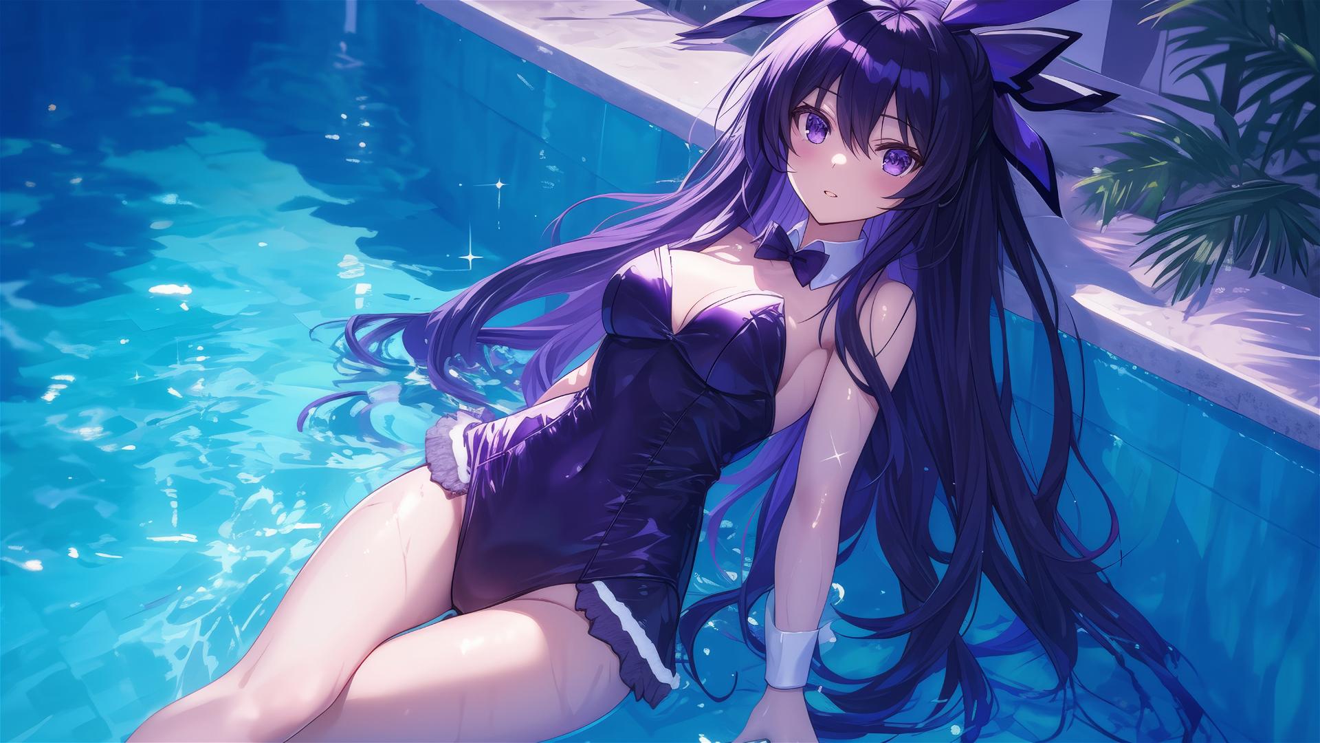 Tohka Yatogami from Date A Live in a bunny girl outfit, standing in a pool under moonlight.