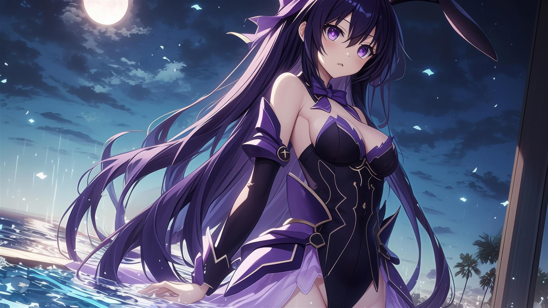 Tohka Yatogami from Date A Live in bunny girl outfit by moonlit pool