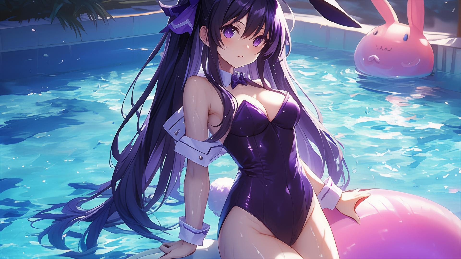 Tohka Yatogami bunny girl in pool with moonlight