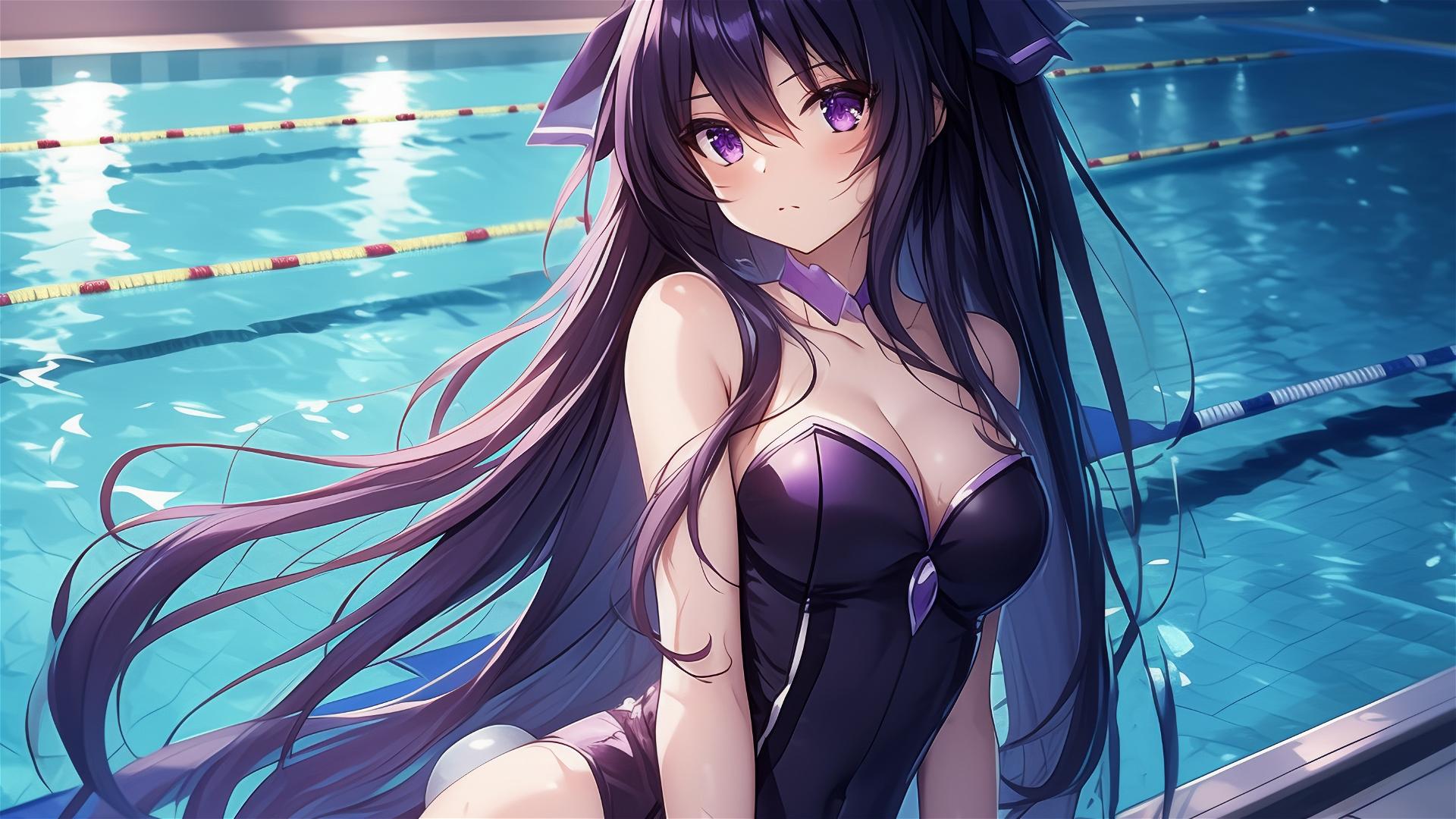 Tohka Yatogami from Date A Live in bunny girl outfit by moonlit pool