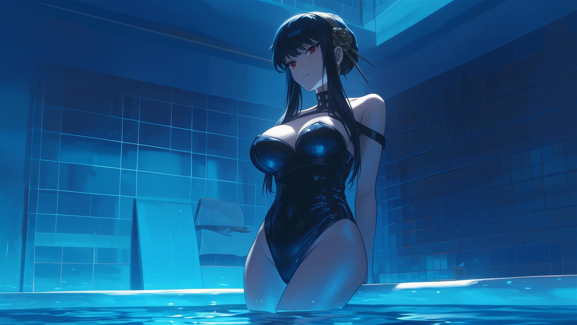 Yor Forger from Spy x Family as a bunny girl in a pool under moonlight