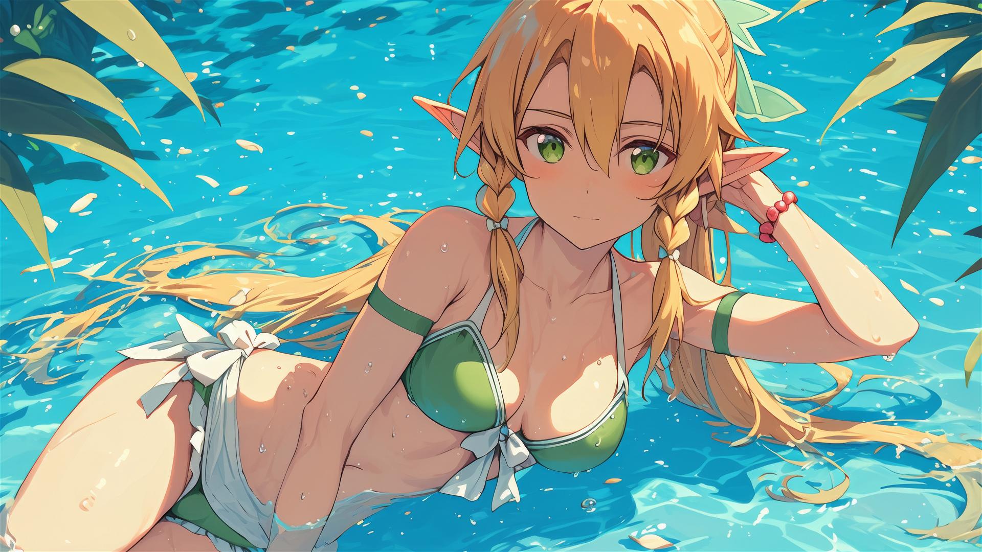 Leafa from Sword Art Online standing in a pool under moonlight