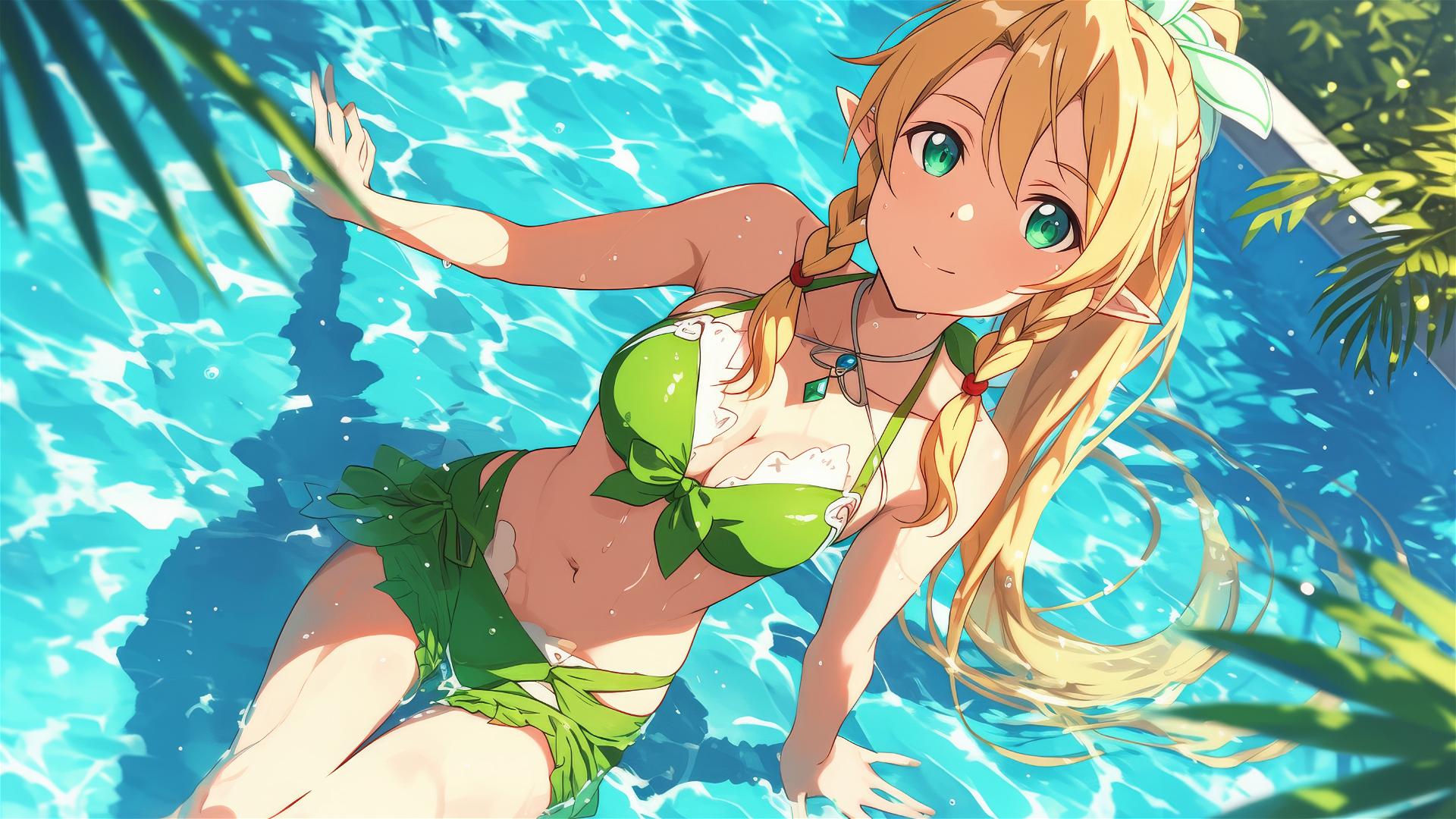 Leafa from SAO standing in a pool under moonlight