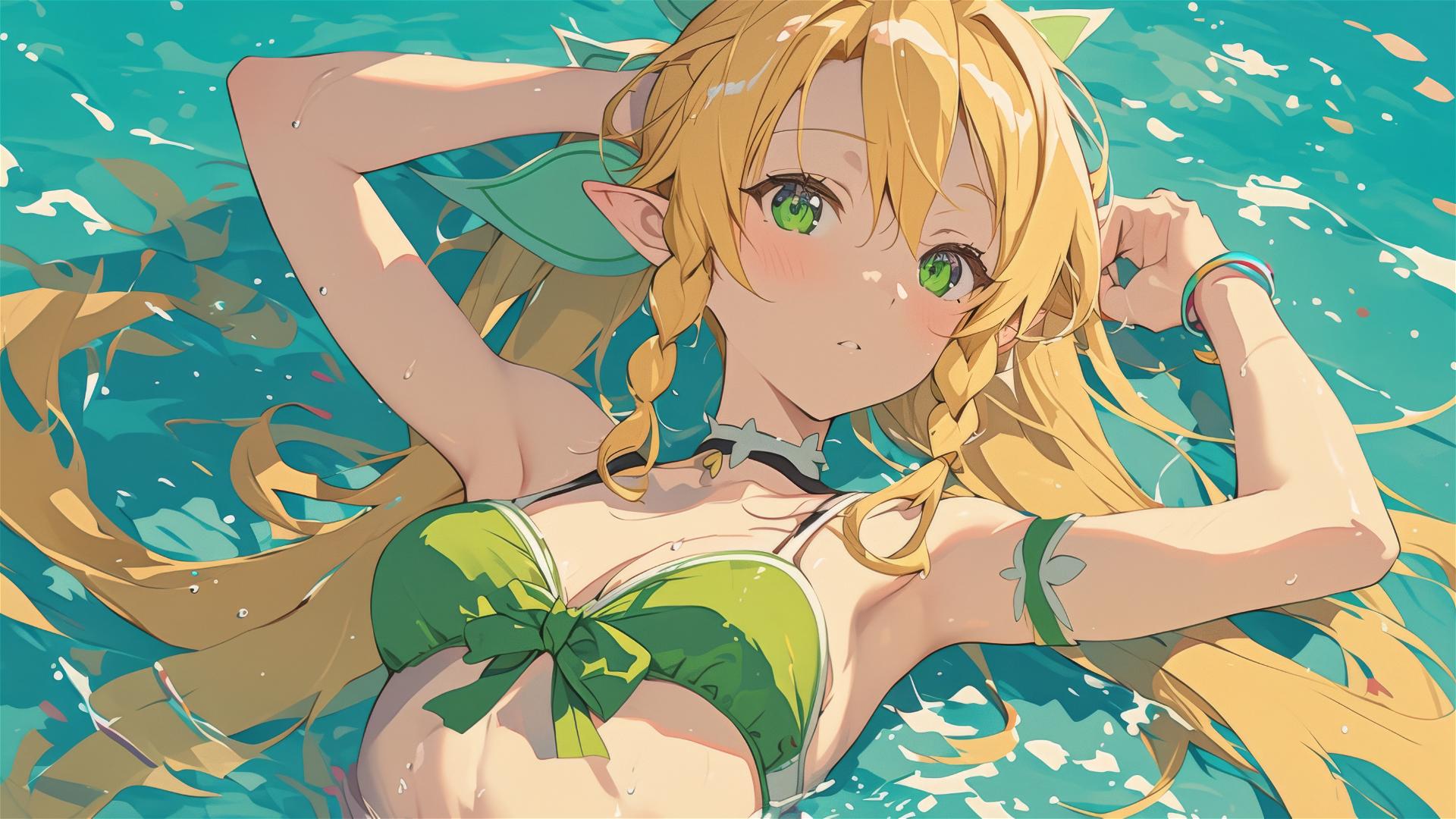 Leafa from SAO standing in the pool under moonlight