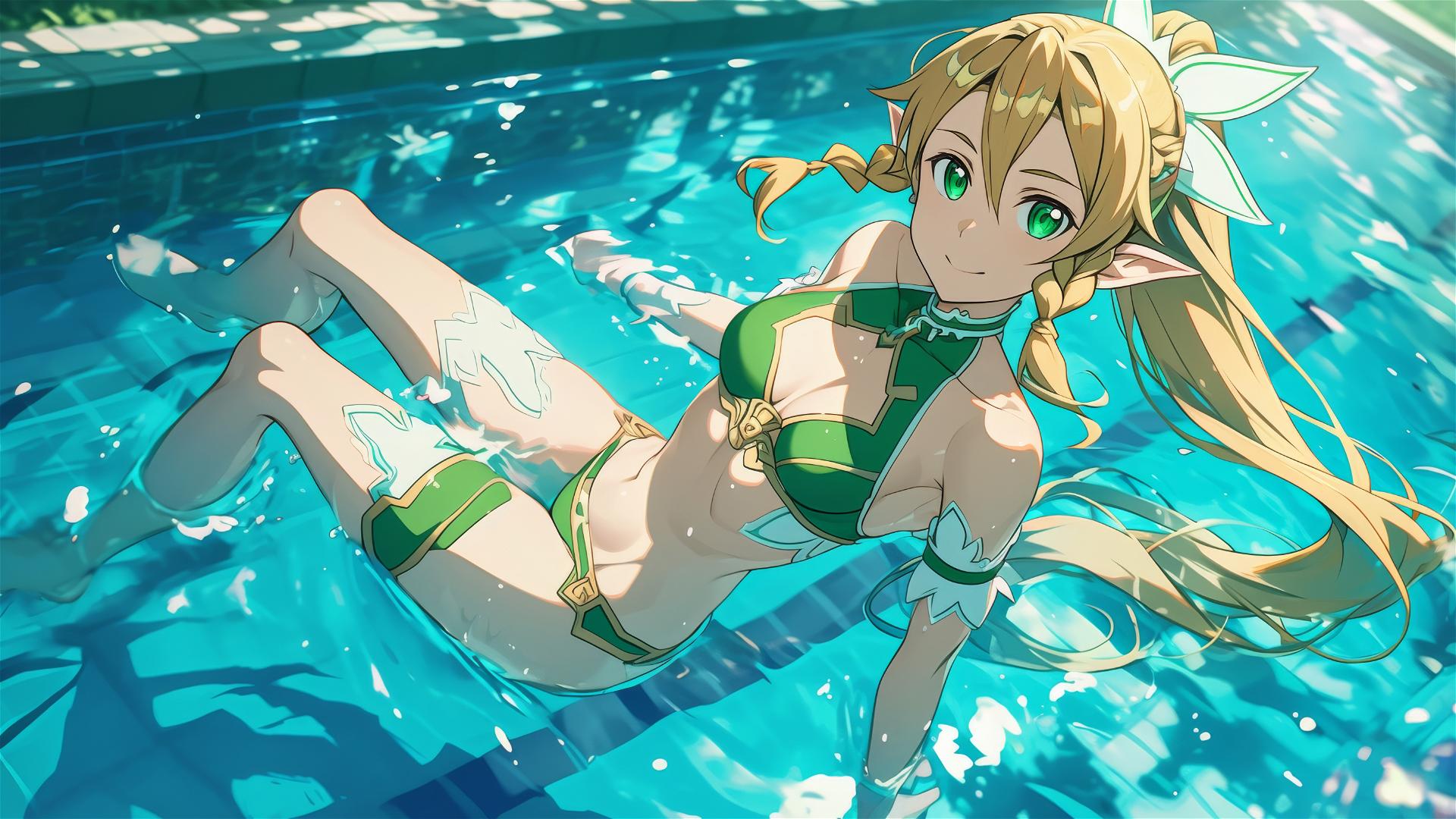 Leafa from Sword Art Online swimming in pool under moon glow
