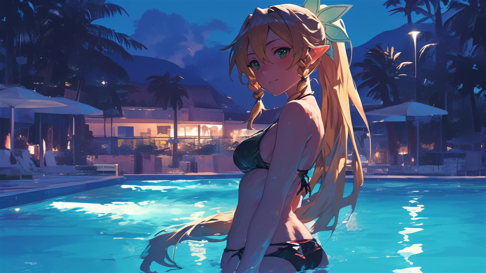 Leafa from Sword Art Online by the pool under moonlight