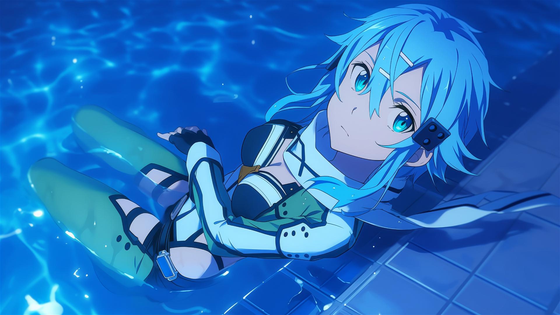 Sinon from Sword Art Online standing in a pool under moonlight, green eyes glowing softly