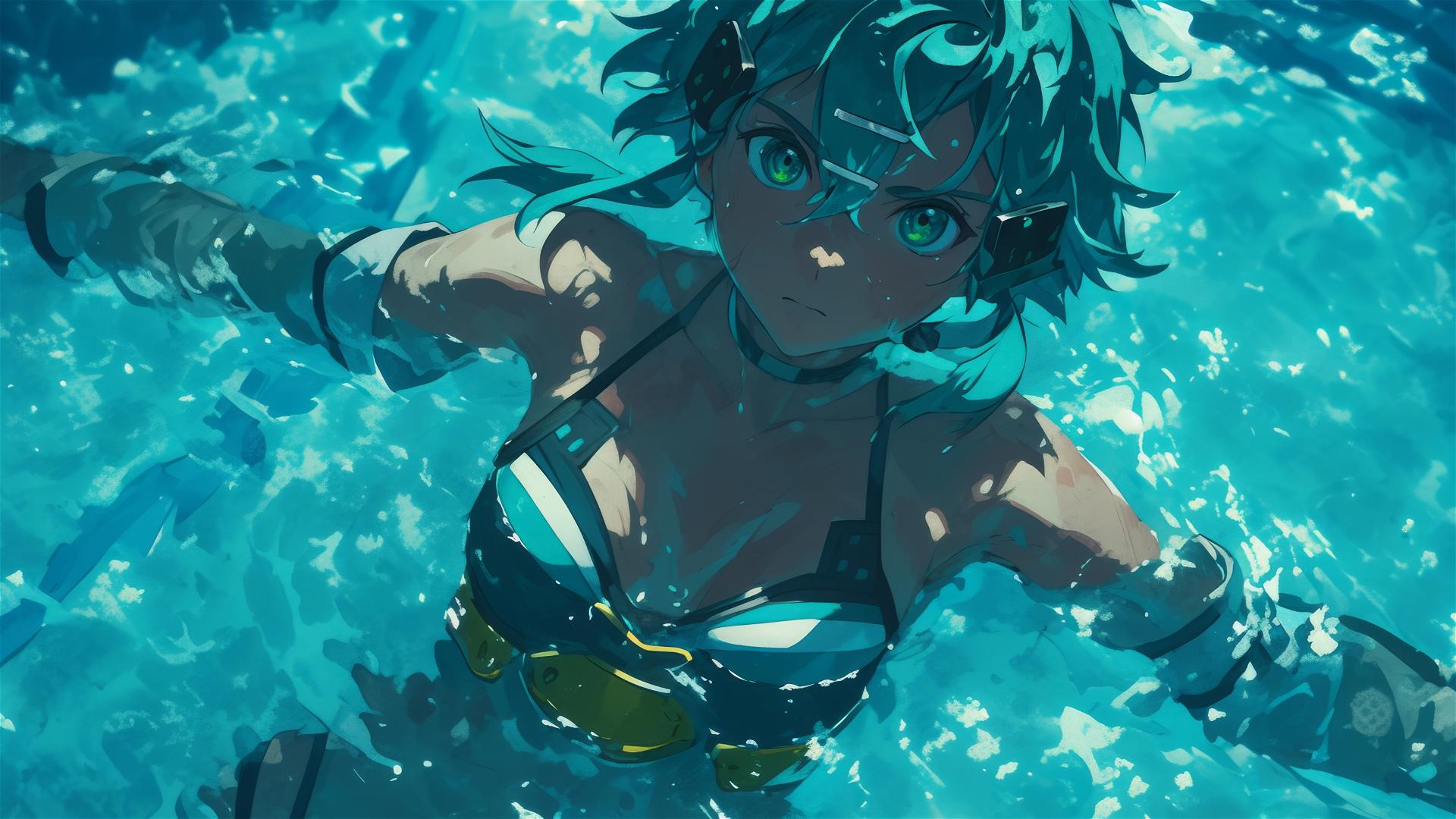 Sinon from Sword Art Online standing in a pool under moonlight