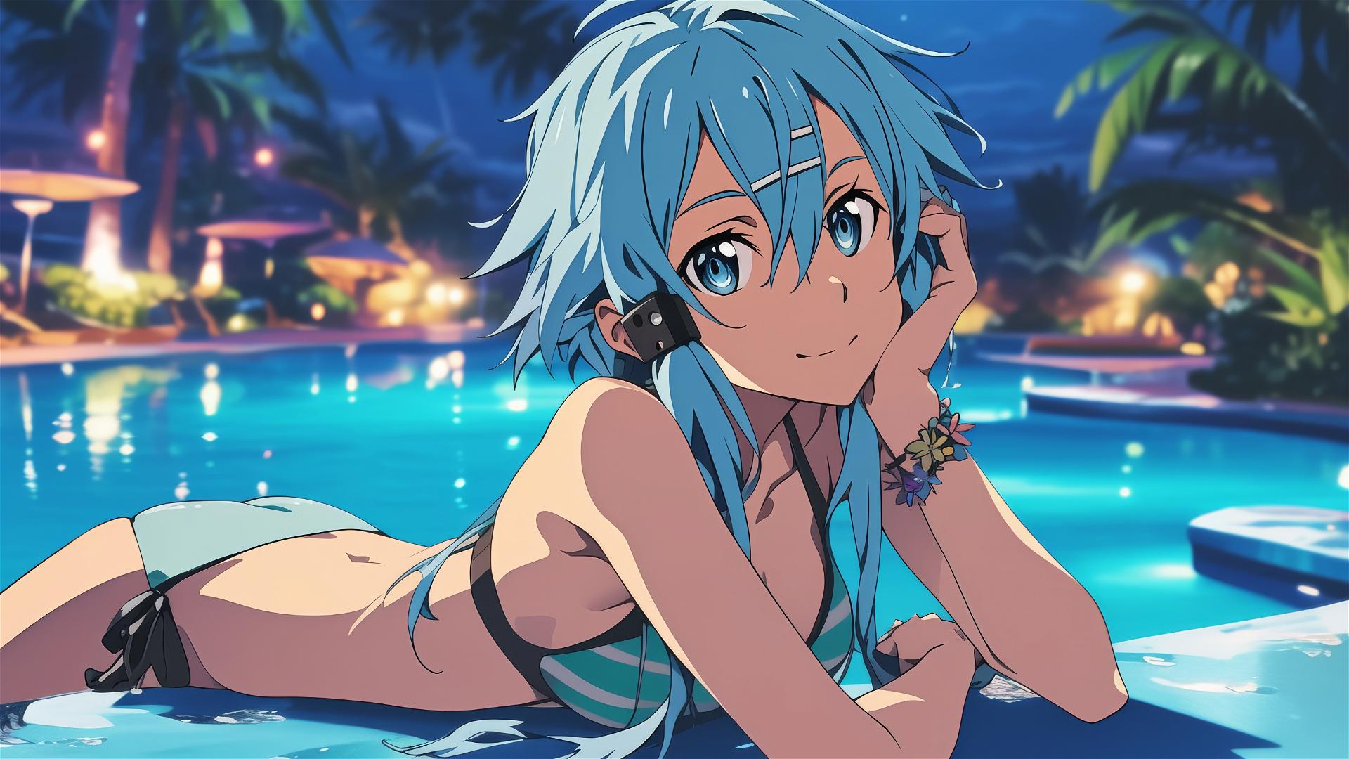 Sinon from Sword Art Online resting by pool under moonlight