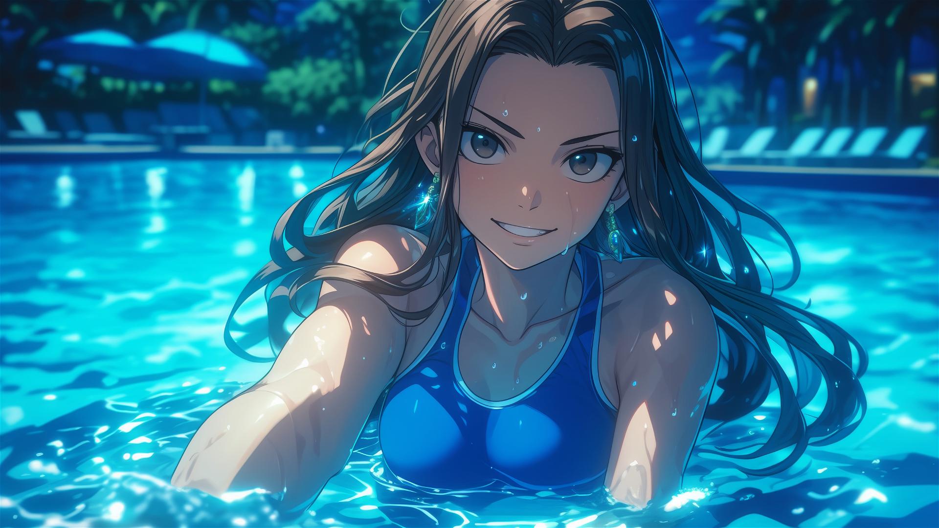 Cana Alberona from Fairy Tail swimming in moonlit pool