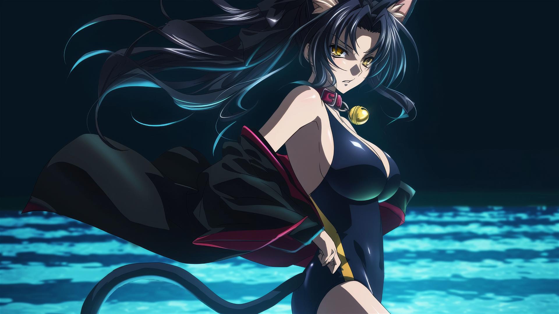 Kuroka from High School DxD swimming in moonlit pool, long black hair, hazel gold eyes