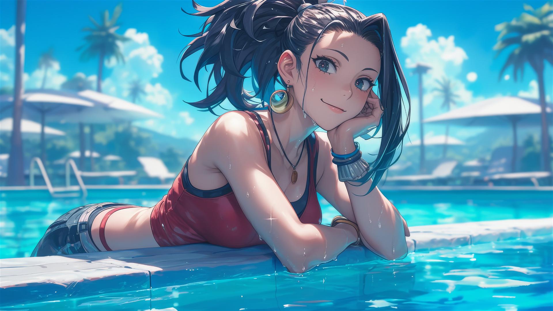 Momo Yaoyorozu from My Hero Academia resting by the pool under moonlight
