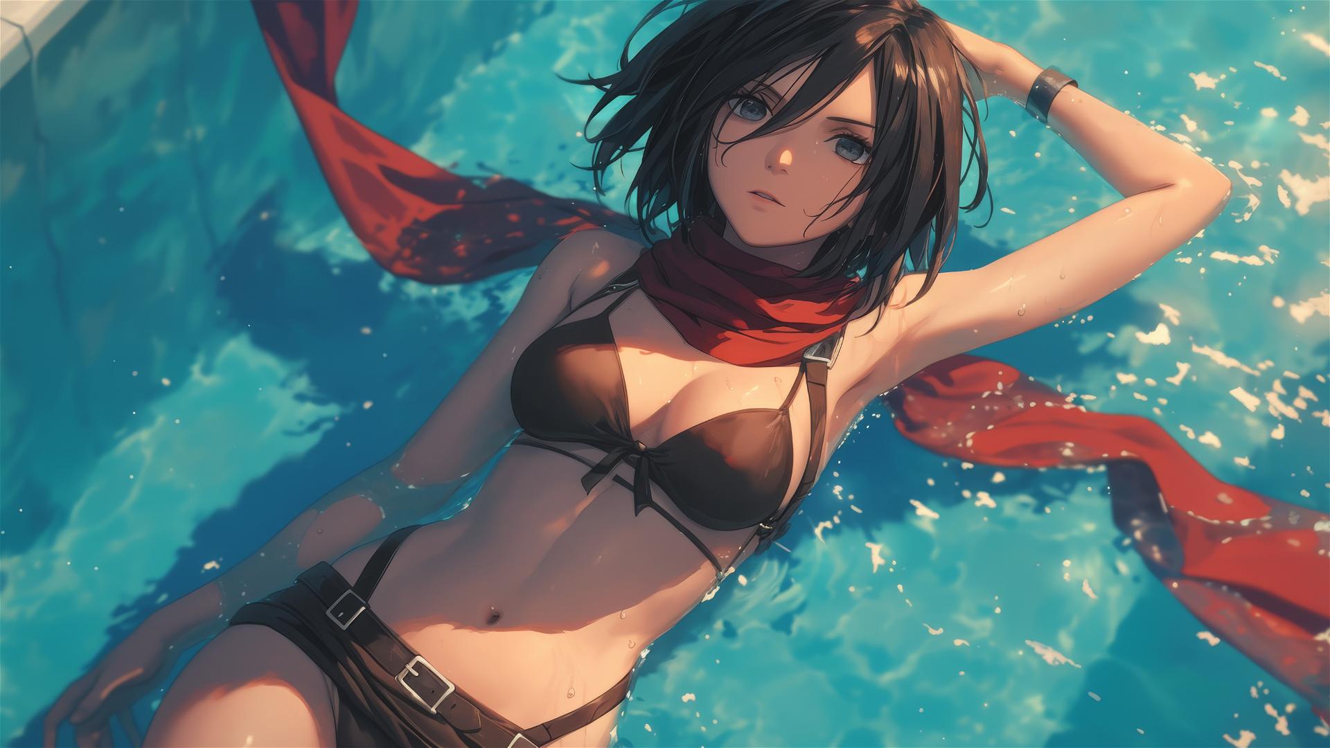 Mikasa Ackerman swims under moonlight in a pool