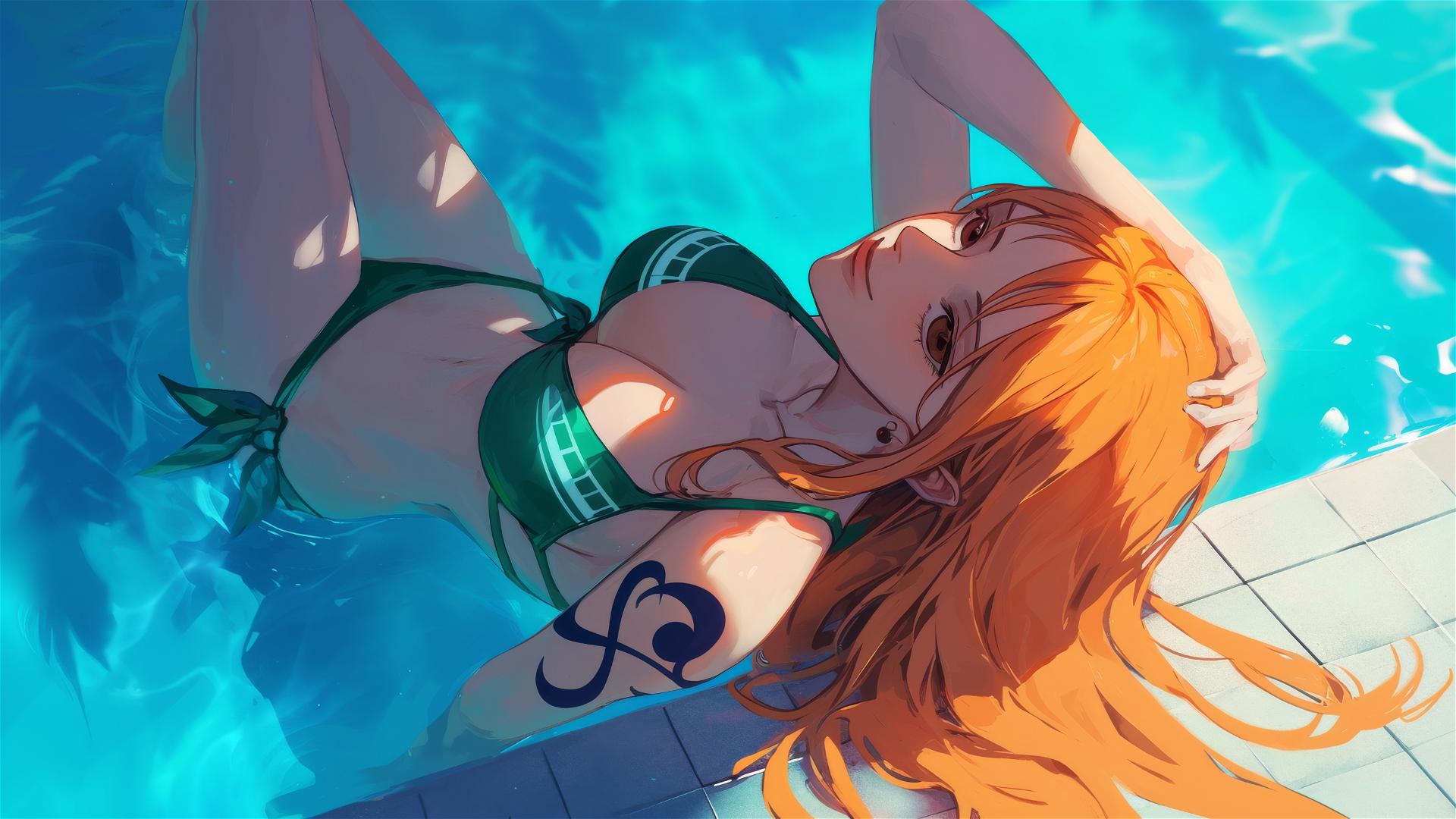Nami from One Piece resting by a pool under moonlight