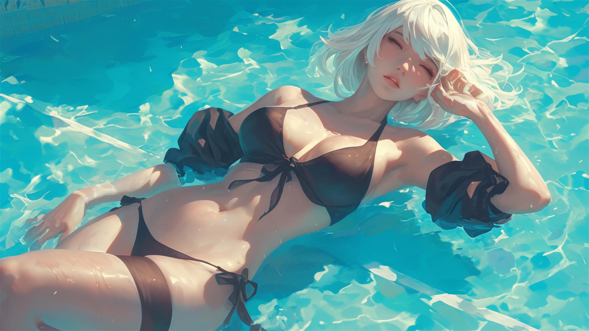 2B from Nier resting by a pool under moonlight