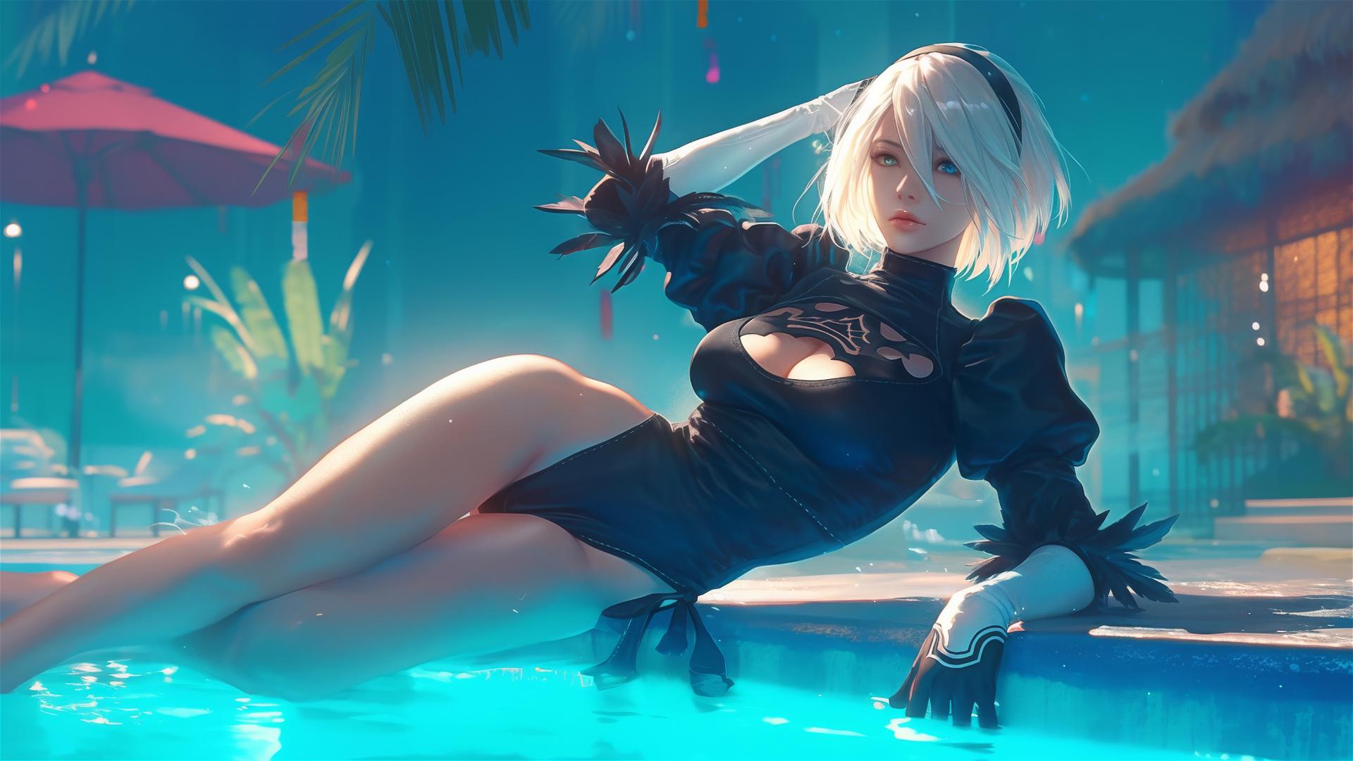 2B from Nier resting by pool in moonlight