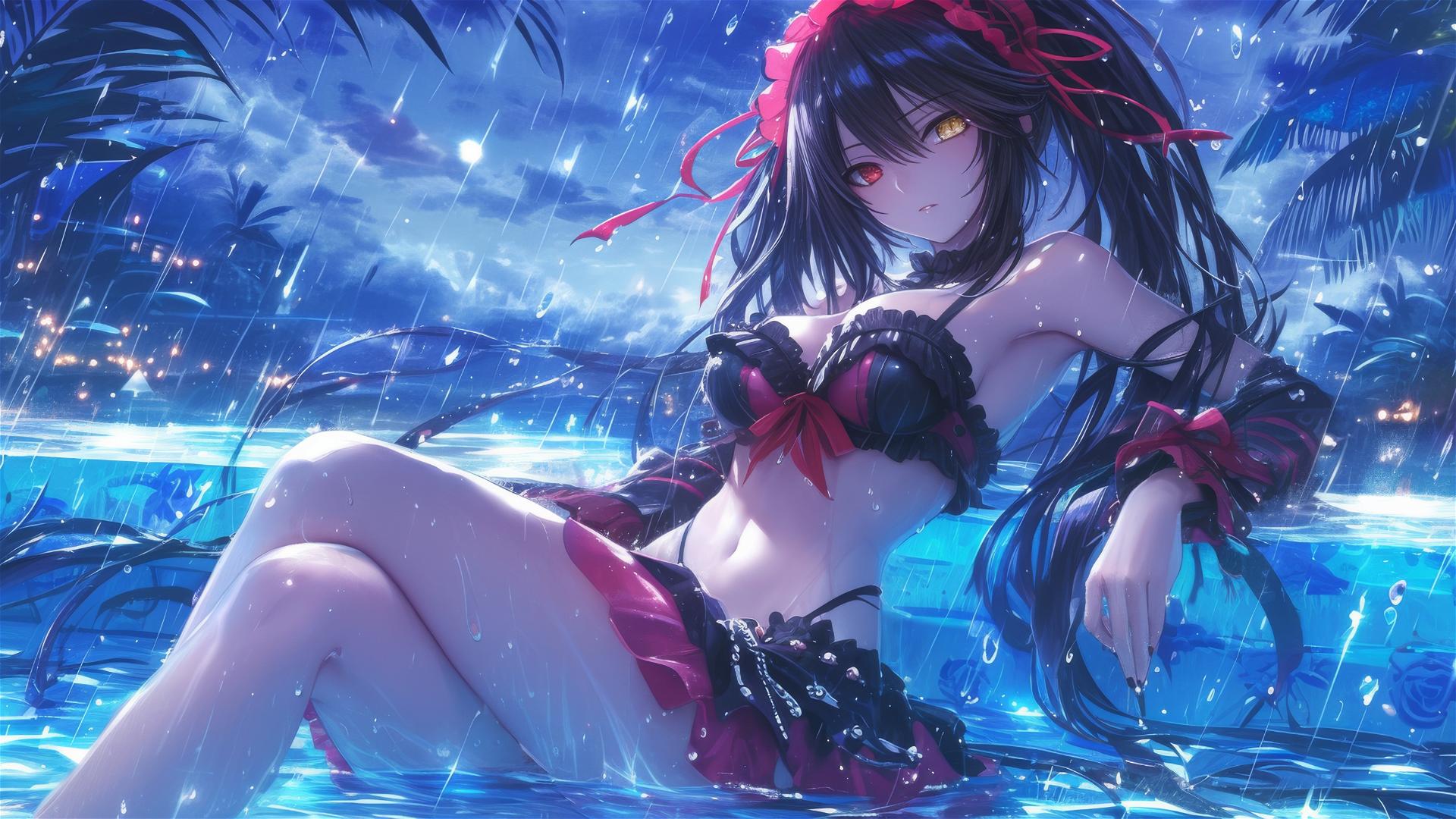 Kurumi Tokisaki in rainy pool with moonlight