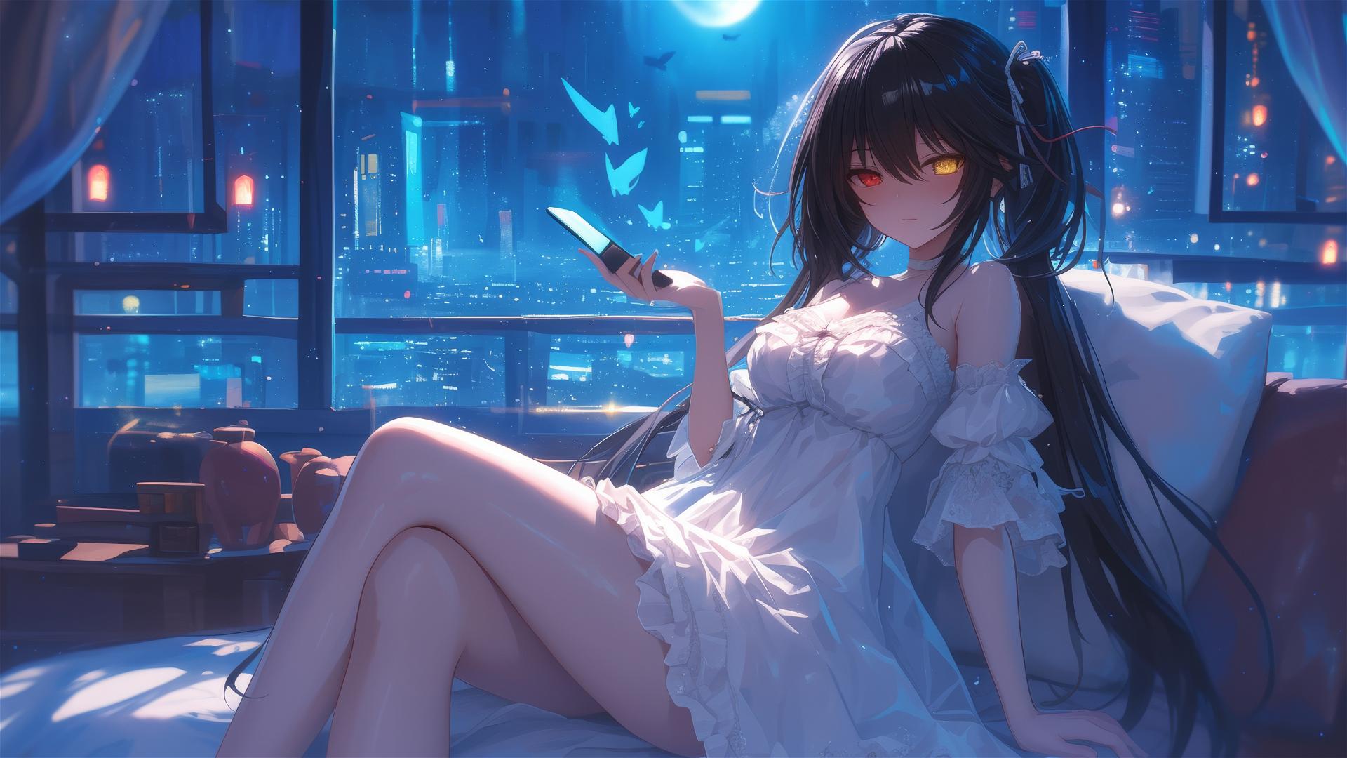 Kurumi Tokisaki from Date A Live resting in moonlit apartment