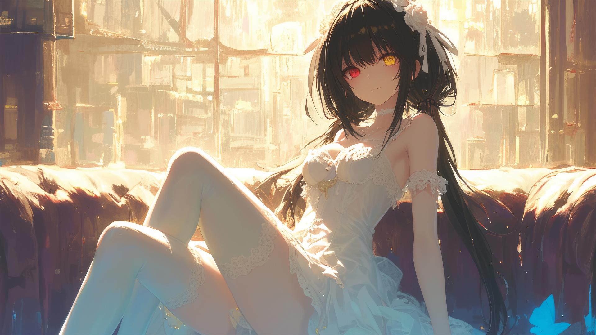 Kurumi Tokisaki resting in moonlit apartment, white dress, red and yellow eyes