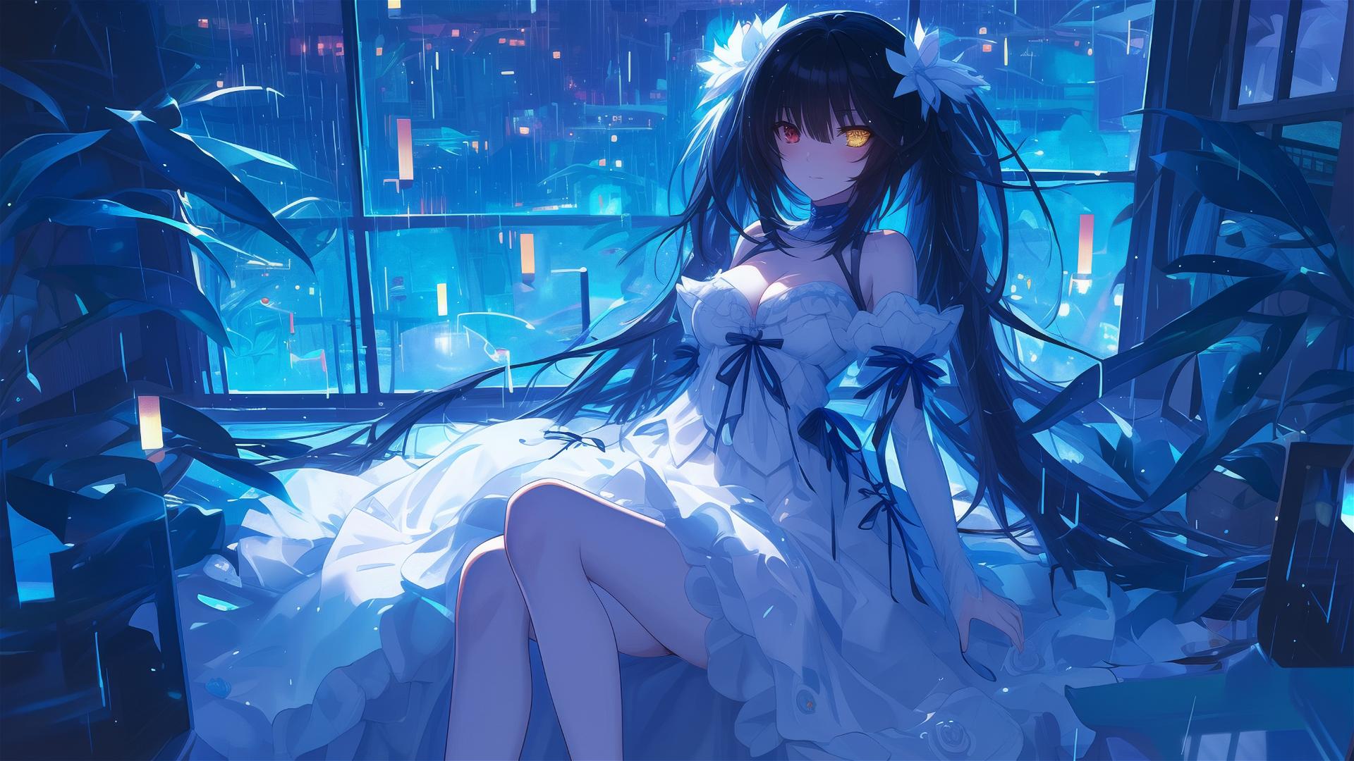 Kurumi Tokisaki resting in moonlit apartment, dressed in white, with one red and one yellow eye.