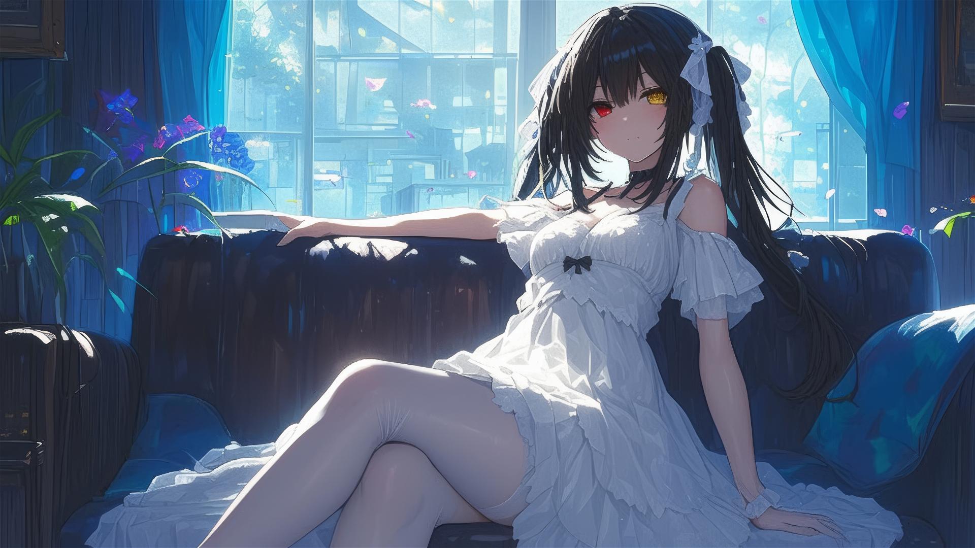 Kurumi Tokisaki from Date A Live resting in moonlit apartment in white dress with red and yellow eyes