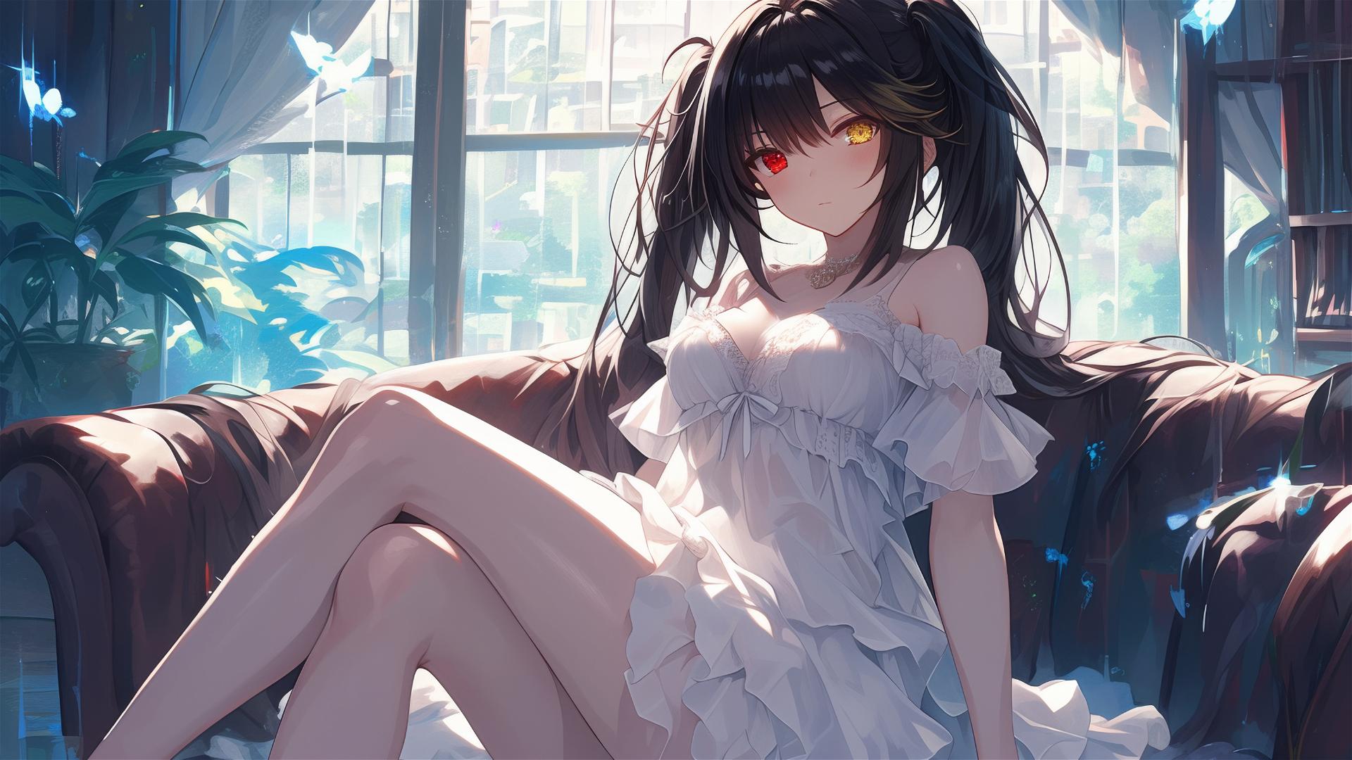 Kurumi Tokisaki resting with moonlit glow, red and yellow eyes