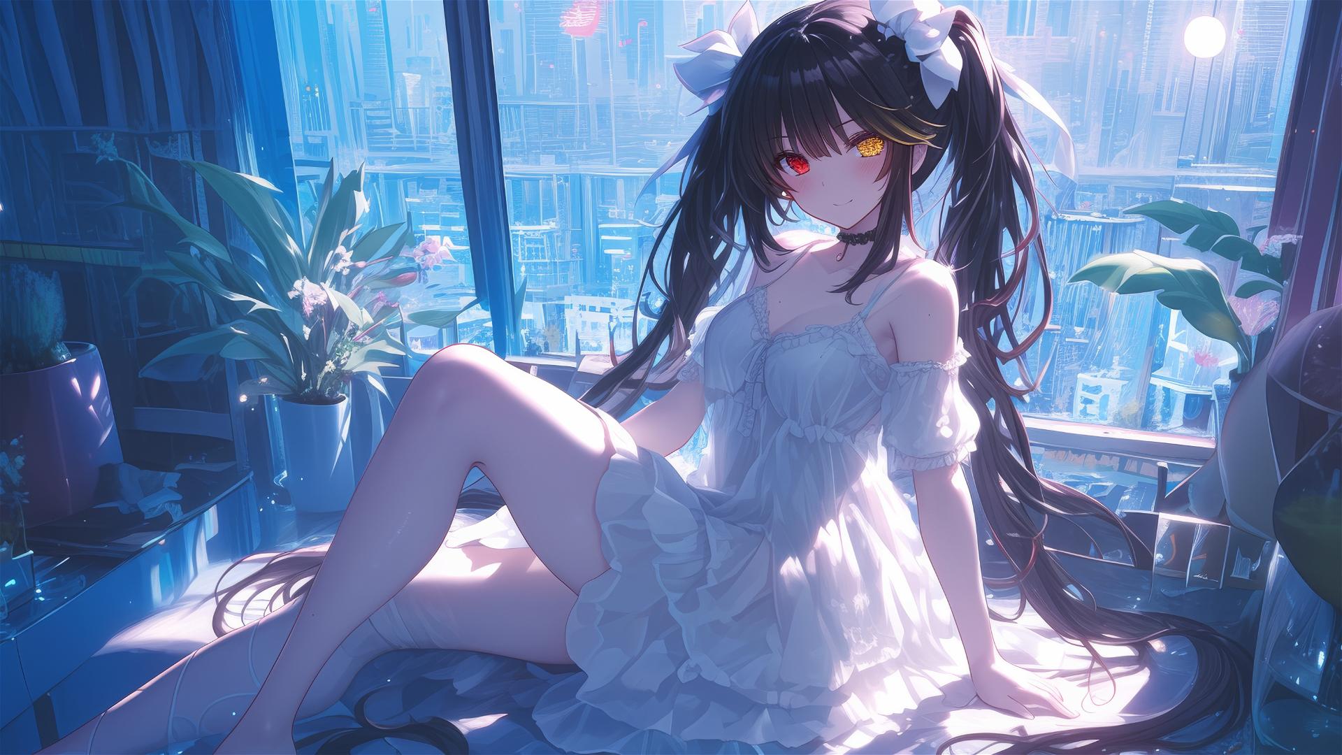 Kurumi Tokisaki resting under moonlight in white dress with red and yellow eyes