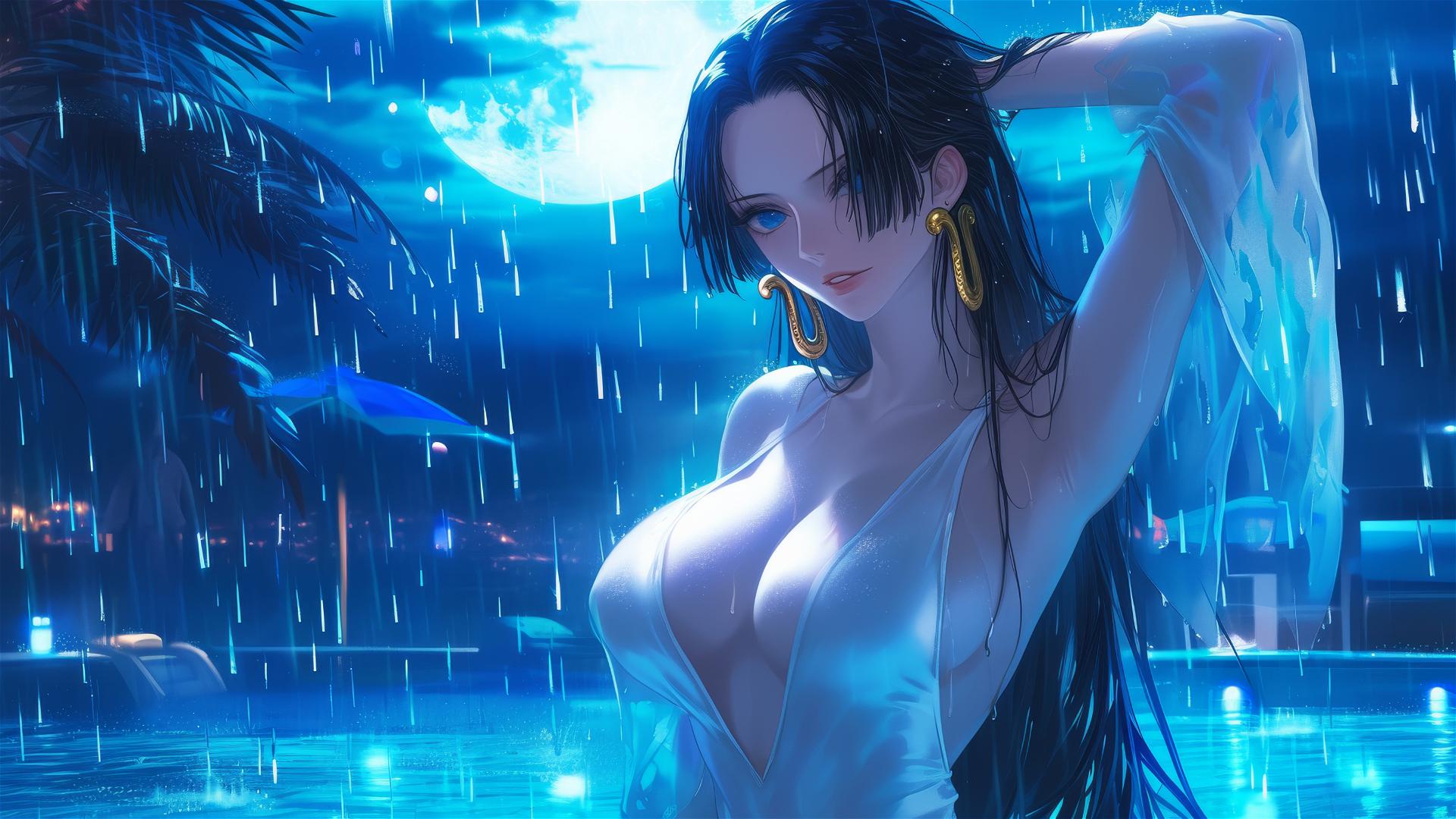 Boa Hancock from One Piece in a white dress in a moonlit rainy pool