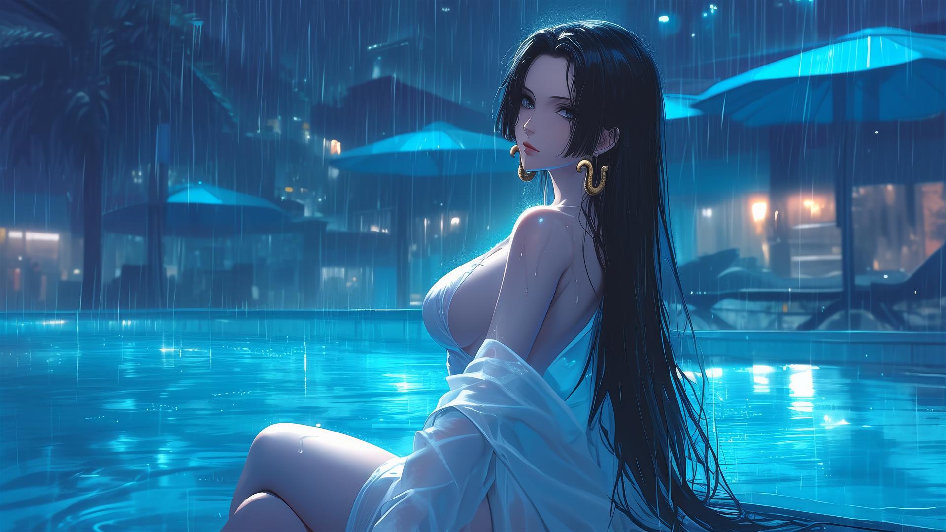 Boa Hancock from One Piece resting by a pool in the moonlight, wearing a white dress, rain atmosphere