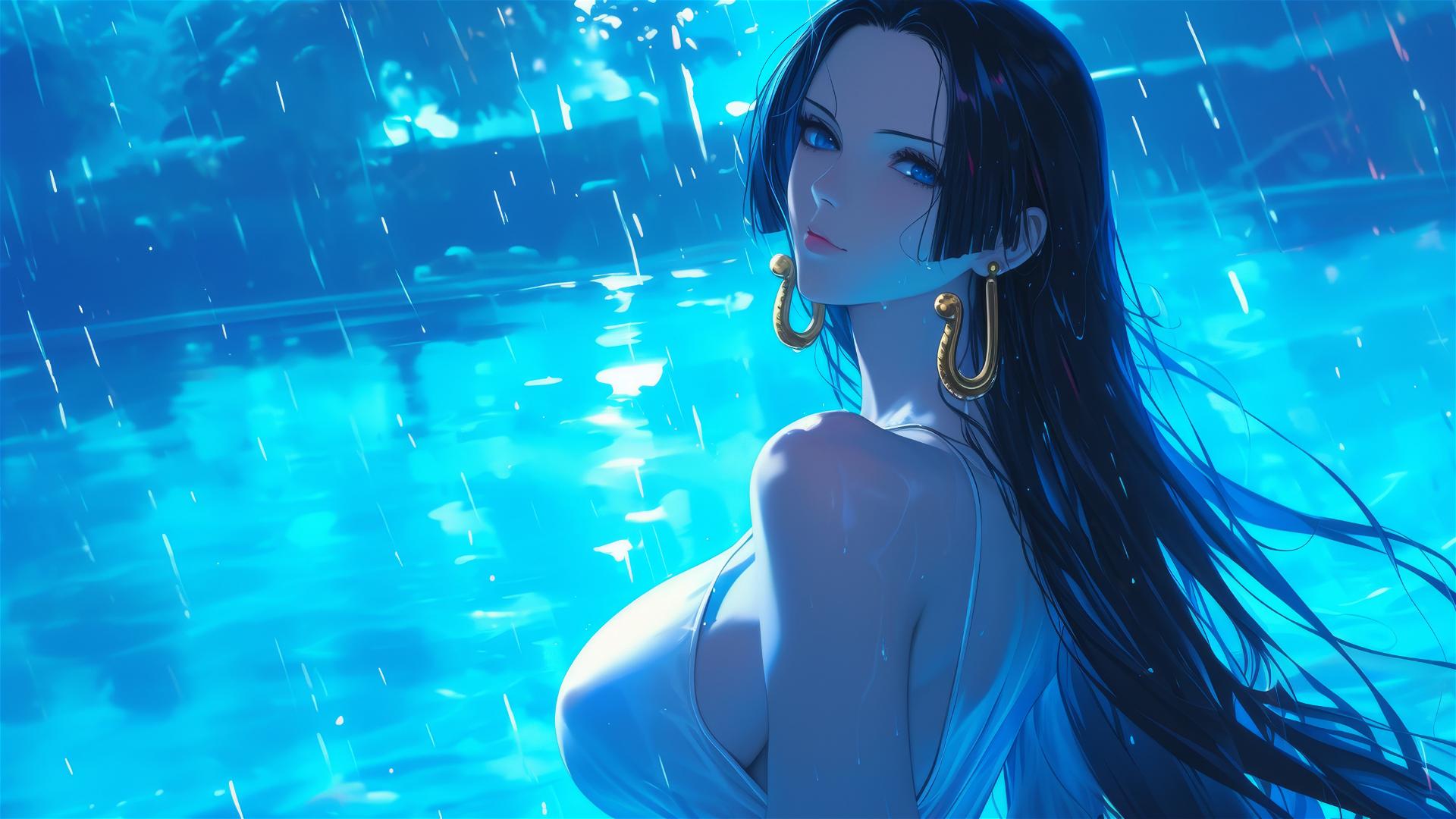 Boa Hancock from One Piece standing in a pool under moonlight in the rain