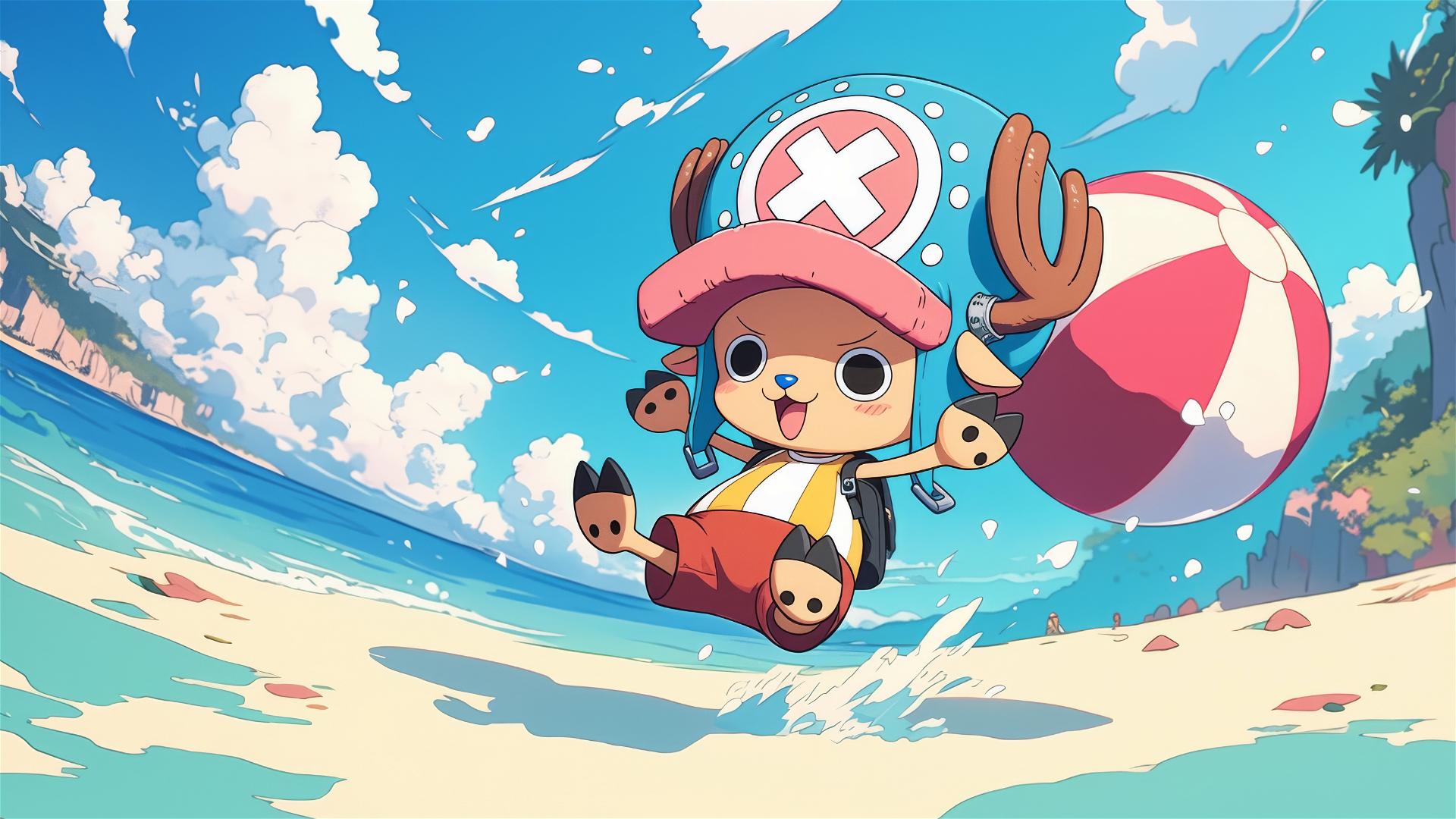 Chopper from One Piece balances on a beach ball with playful ocean backdrop