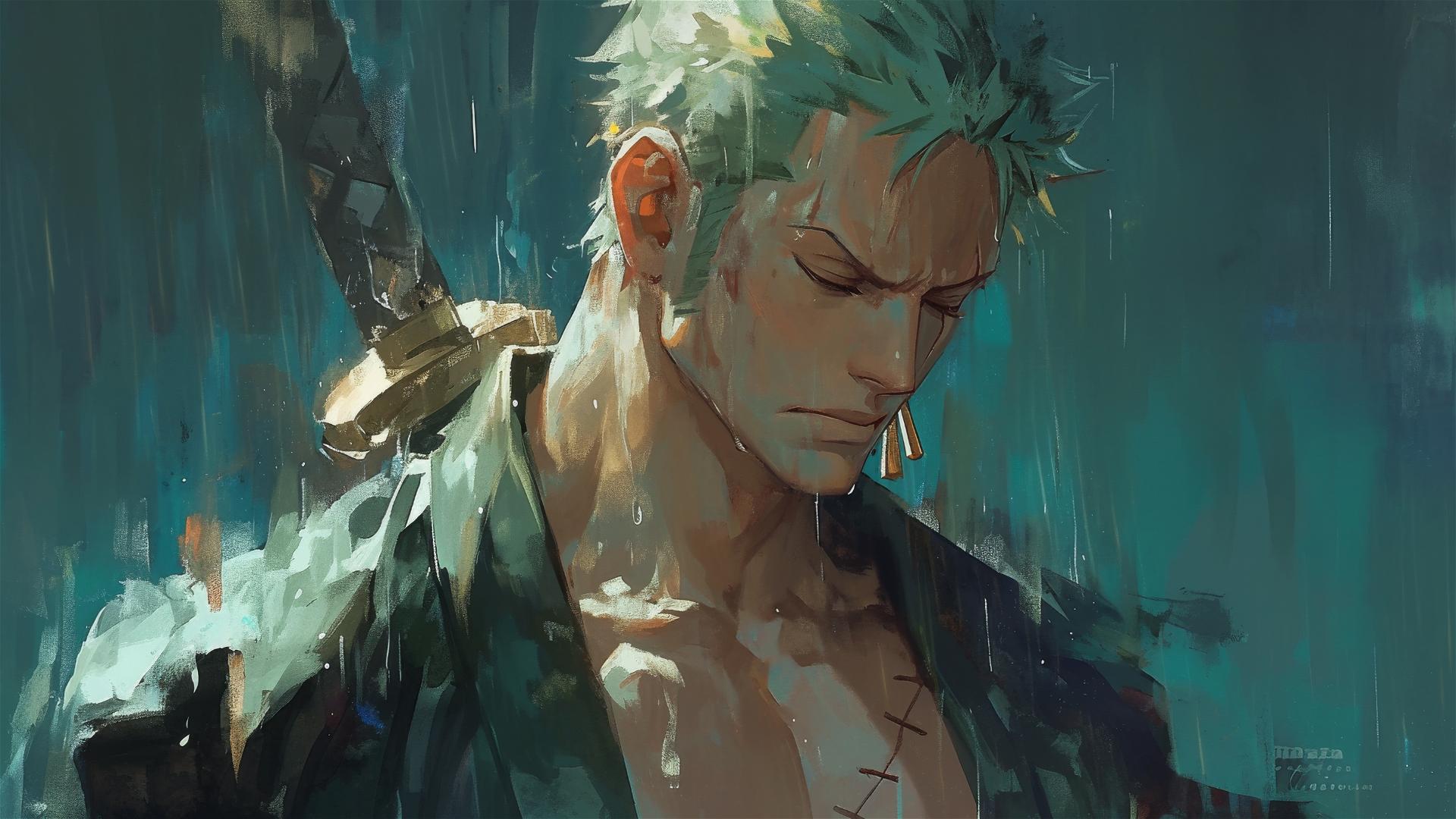 Roronoa Zoro under a single beam of light in a dark, rainy night