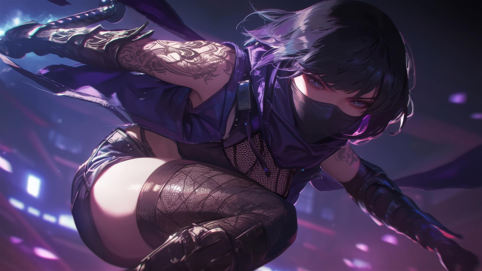 Ninja girl with short hair and masked face in dynamic pose under spotlight