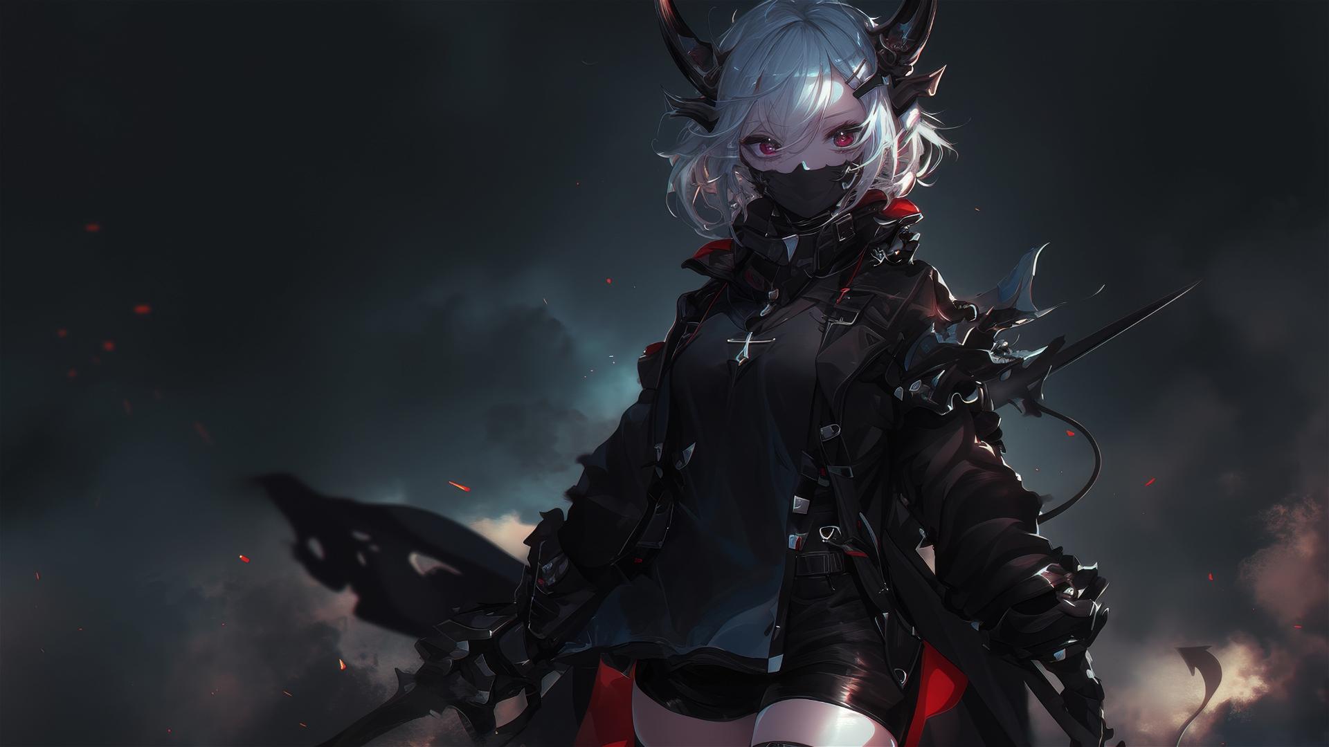 Demon girl with short hair and masked face in a dynamic pose with thigh focus